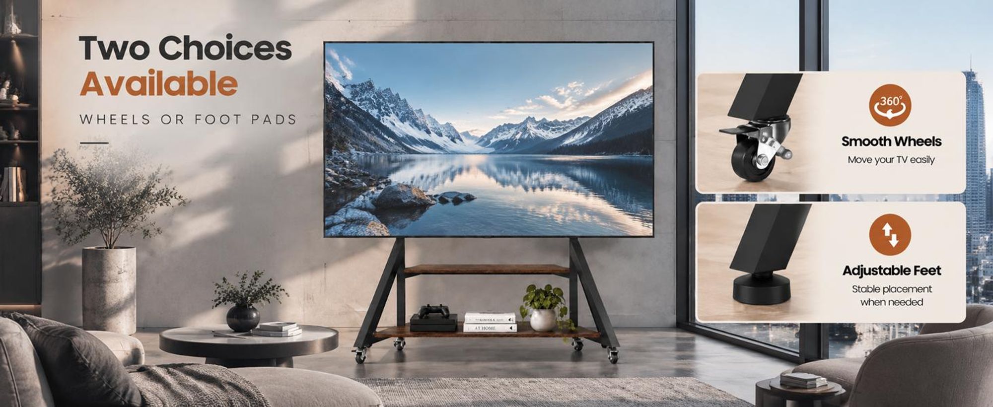 WISFOR TV Ständer Höhenverstellbar Rollbar, TV Standfuss Universal Fernsehstand mit AV-Ablagen für 65"–100", VESA 800x600mm, bis Max 100kg
