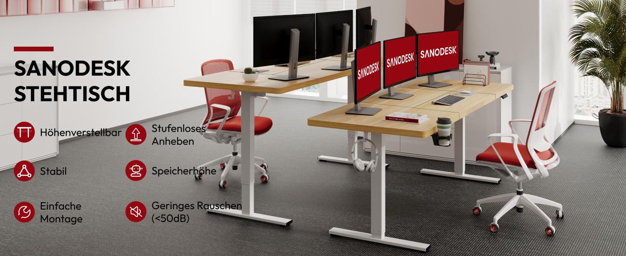 SANODESK Höhenverstellbarer Schreibtisch 200x80cm elektrisch 4 Memory-Funktion, Antikollisionsschutz, 70kg Tragkraft, mit Haken und Ablagebox (Ahorn)