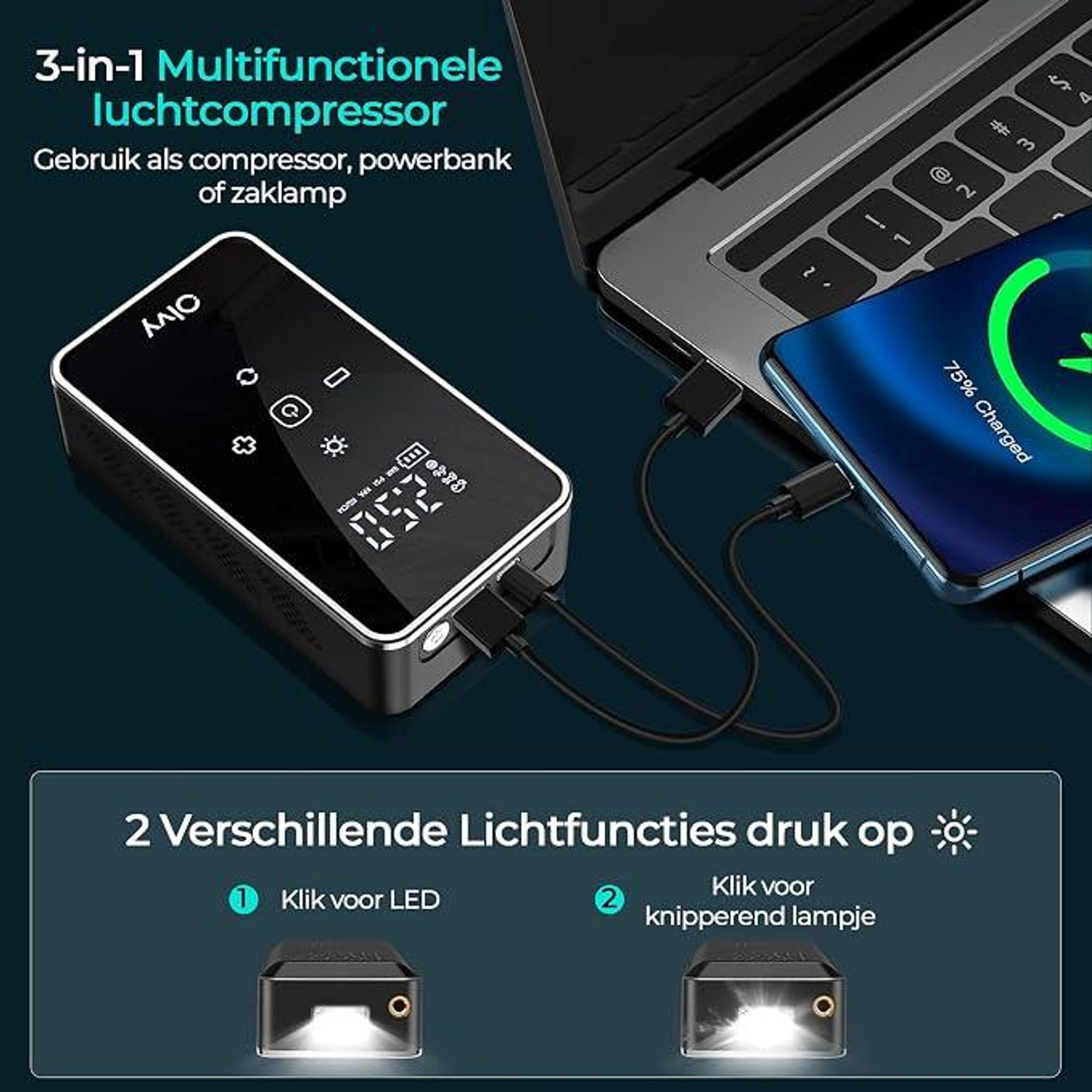 Olvy Elektrische luchtpomp met powerbank van 6000 mAh – 12V mini-compressor voor auto, fiets, ballen, luchtbed, display, LED, automatische uitschakeling