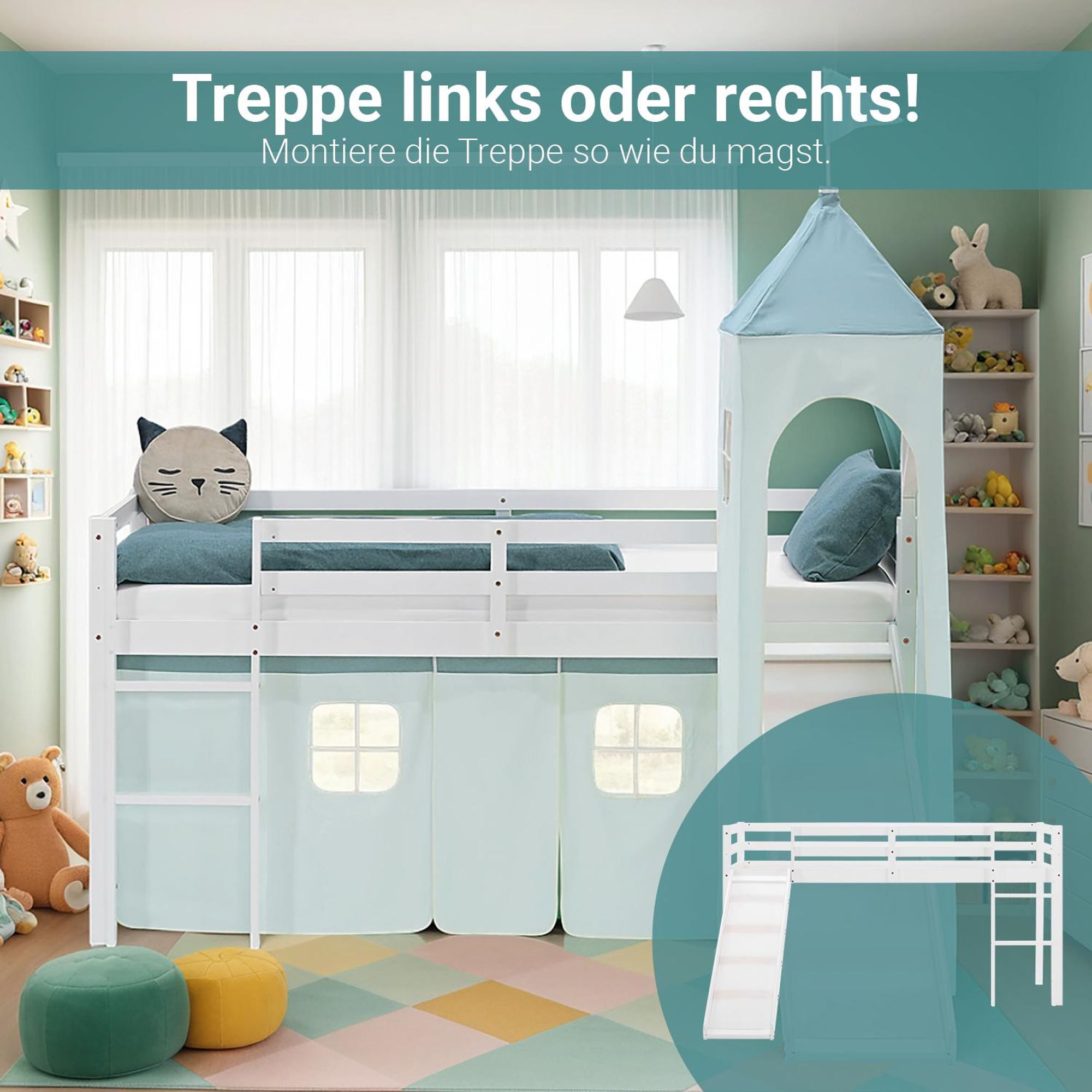 Die Rutsche vom Bett ist links oder rechts montierbar.