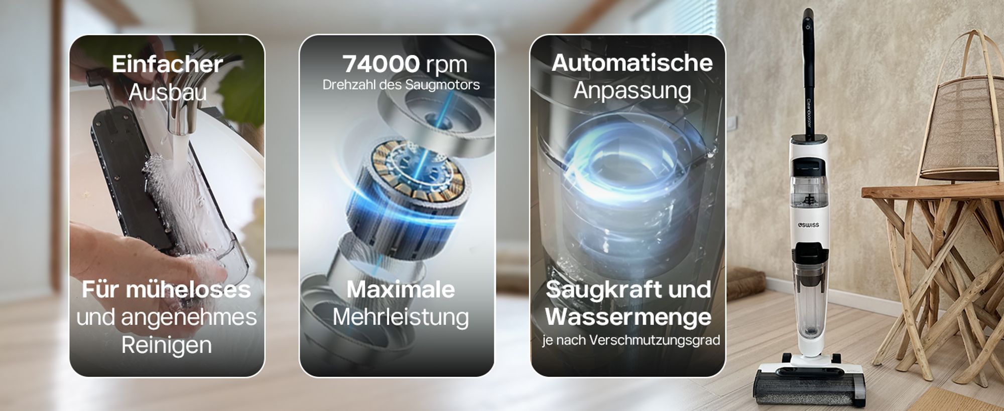 4SWISS Clean Booster Smart Staubsauger, Akku-Staubsauger mit Mop Funktion, Nass & Trockensauger mit Dual-Tank, Selbstreinigungsfunktion, LED Anzeige