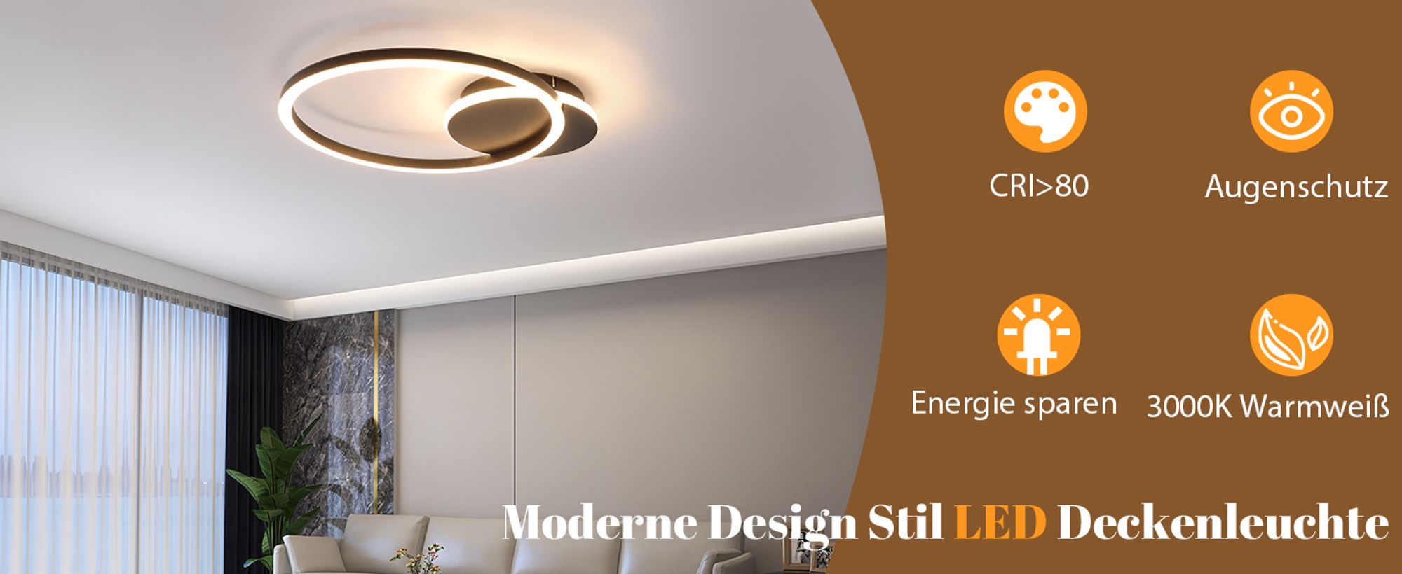 ZMH Deckenlampe LED Deckenleuchte Wohnzimmer 24W Küchenlampe Schwarz Modern Design Wohnzimmerlampe 2 Ringen 3000K Warmweiß Schlafzimmerlampe Flur Metall Deckenleuchten für Küche Büro