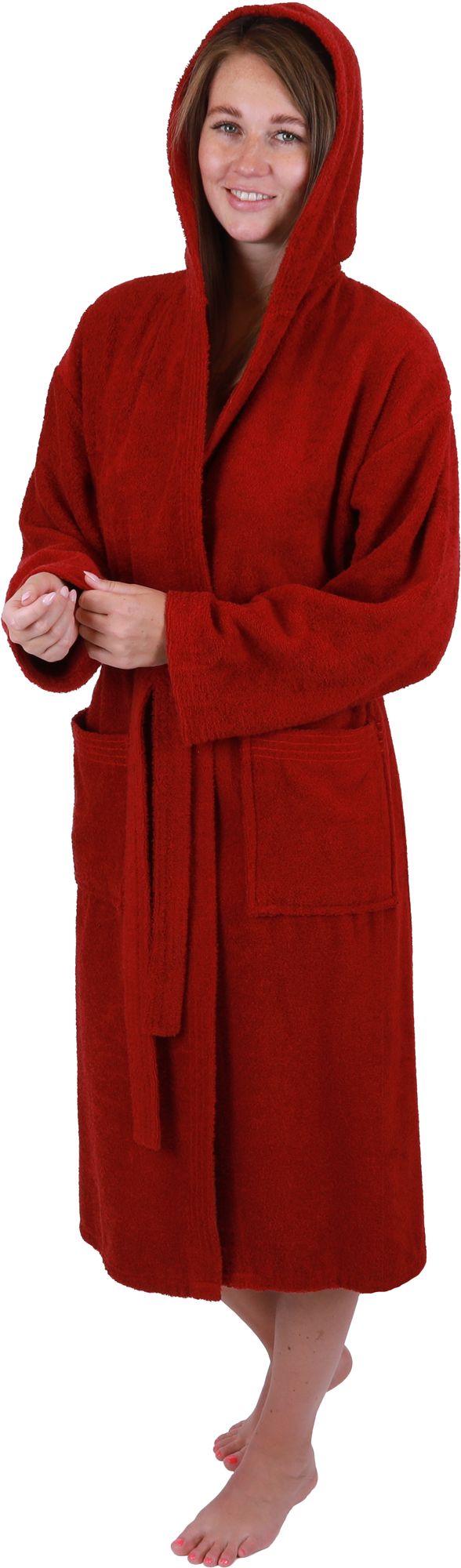 Betz Bademantel mit Kapuze FULDA Größe  L/XL Farbe dunkelrot Baumwolle  für Herren und Damen Saunabademantel langer Bademantel  Saunamantel