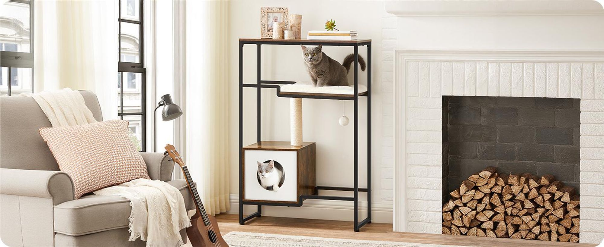FEANDREA Kratzbaum, Katzenbaum,2-in-1-Möbel,große obere Ablagefläche,Kissen