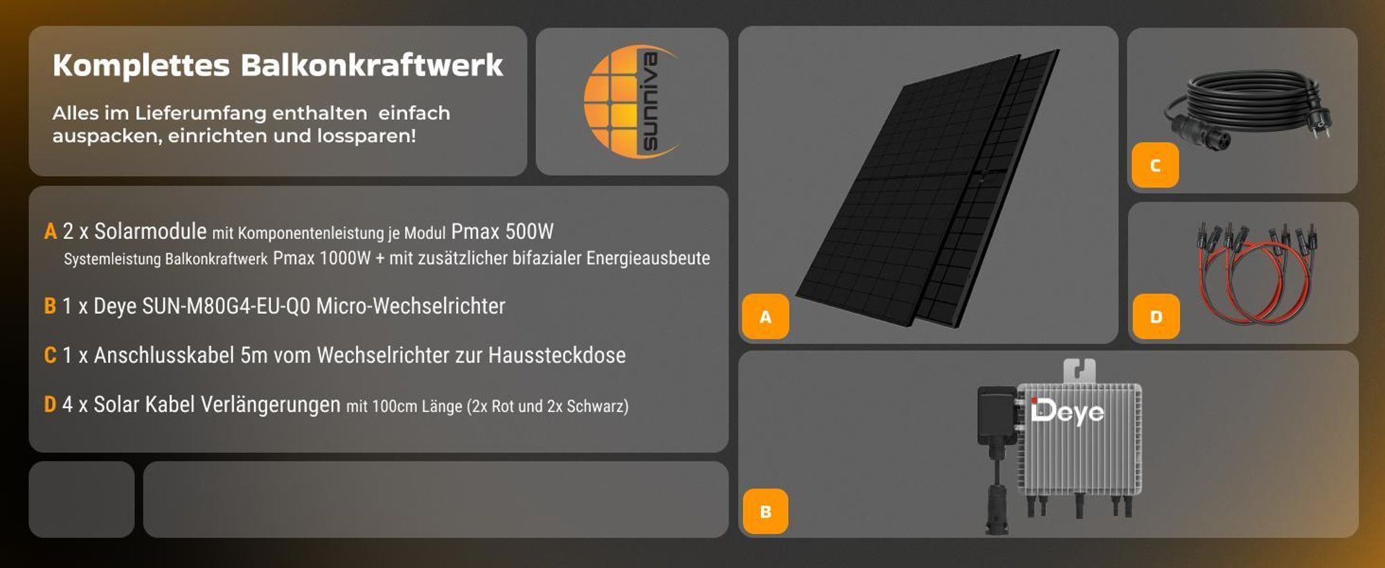 SUNNIVA® 1000W Balkonkraftwerk BIFAZIAL FULLBLACK komplett Steckdose DEYE 800W Wechselrichter, PV Solaranlage, 5m Kabel, Bluetooth WIFI