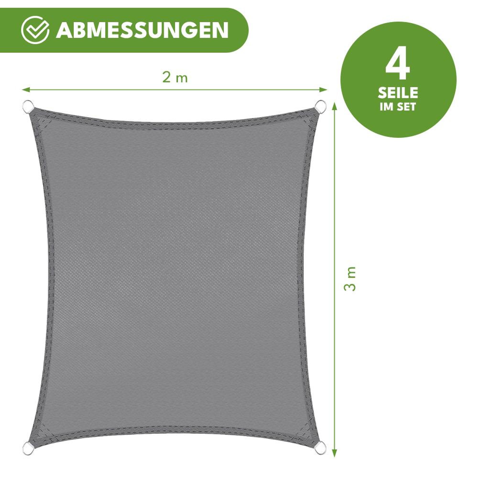 KRUMAD Sonnensegel Rechteckig 3x2 m Grau Sonnenschutz Wasserabweisendes UV Wetterfest mit Befestigungsseilen