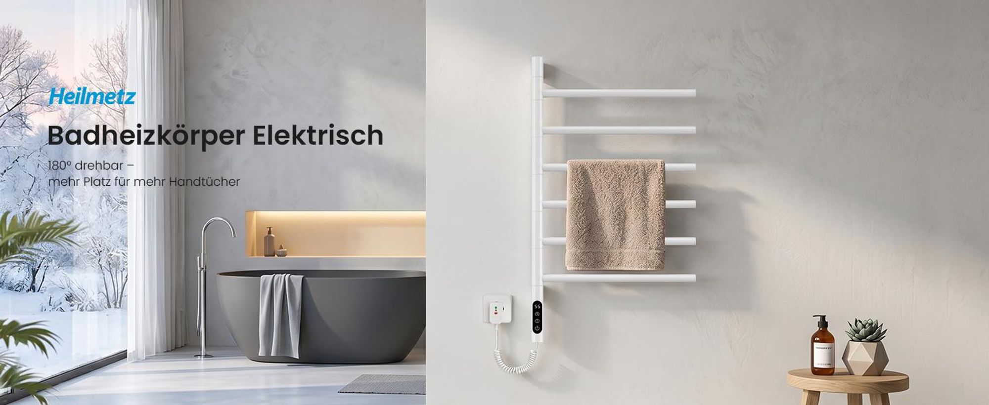 Heilmetz Elektrischer Handtuchheizkörper 78x45 cm Weiß, Drehbar Handtuchtrockner mit WLAN App & Sprachsteuerung, Touchscreen, 135W Mit / Ohne heizstab