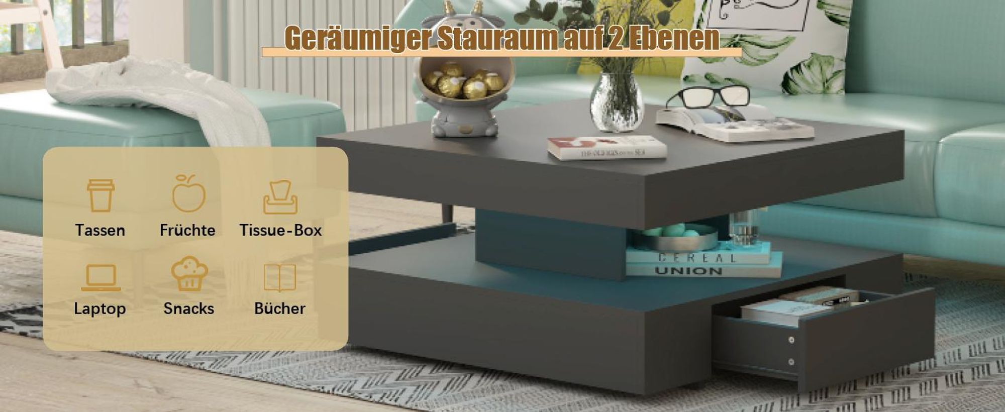 Radelldar Wohnzimmertisch mit 2 Schubladen, mit LED und Verstecktem Stauraum, matt 78x78x40cm, Schwarz