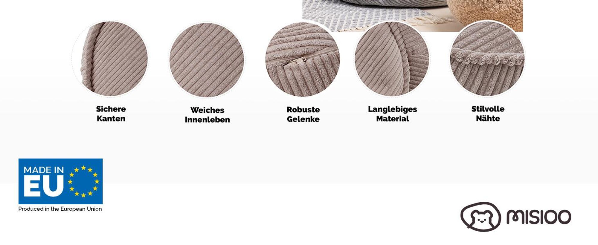 MISIOO Sitzsack Kinder – Big Bag Bean Bag – Waschbar –  – Stabile und Weiche Konstruktion – Cord-Material – 68x45 cm – Beige