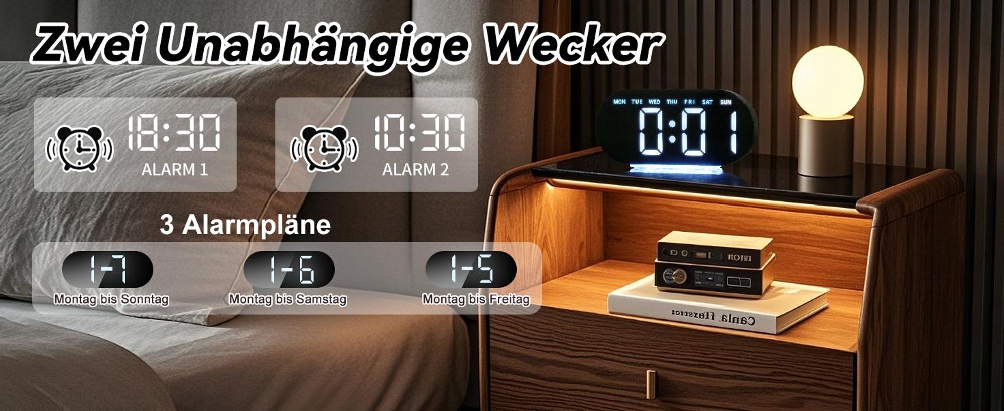 Digitaler Wecker, LED Wecker, Digitalwecker, Doppelwecker, Nachtlicht, Einstellbarer Helligkeit, USB oder Batteriebetrieb