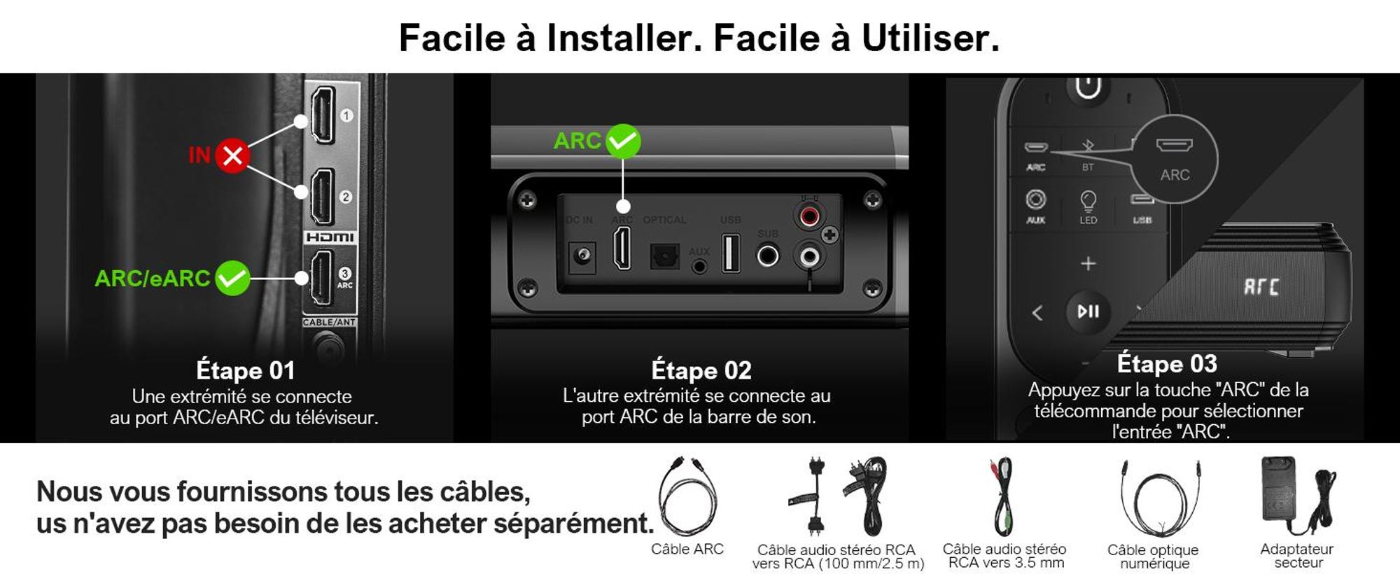 Barre de son ULTIMEA 2.2 canaux pour téléviseurs, barre de son divisible 2 en 1, Bluetooth® 5.3, ARC/Optique/Aux, Apollo S40