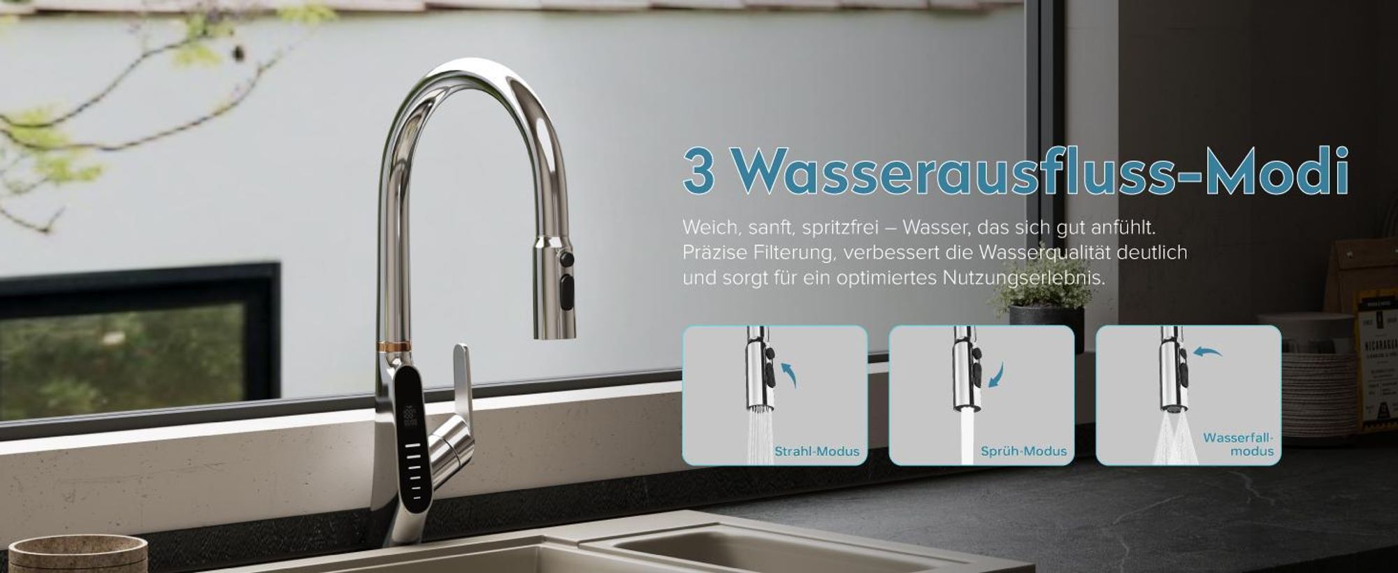 doporro Wasserhahn Küche Hochdruck mit Digitalanzeige, Ausziehbare Vollmessing-Körper Spültischarmatur, Einhebel-Mischbatterie Küche Schwarz MS-8085