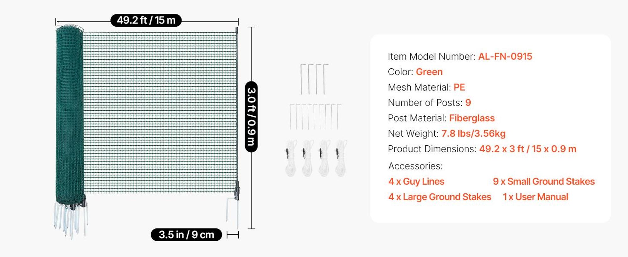 VEVOR Begrenzungszaun 15x0,9 m, Weidezaun aus PE, Mobiler Hundezaun mit Doppelspitzenpfählen & Abspannseilen, Hühnerzaun, Gartenzaun, Campingzaun für Hunde, Hühner, Pflanzen, Außenbereiche
