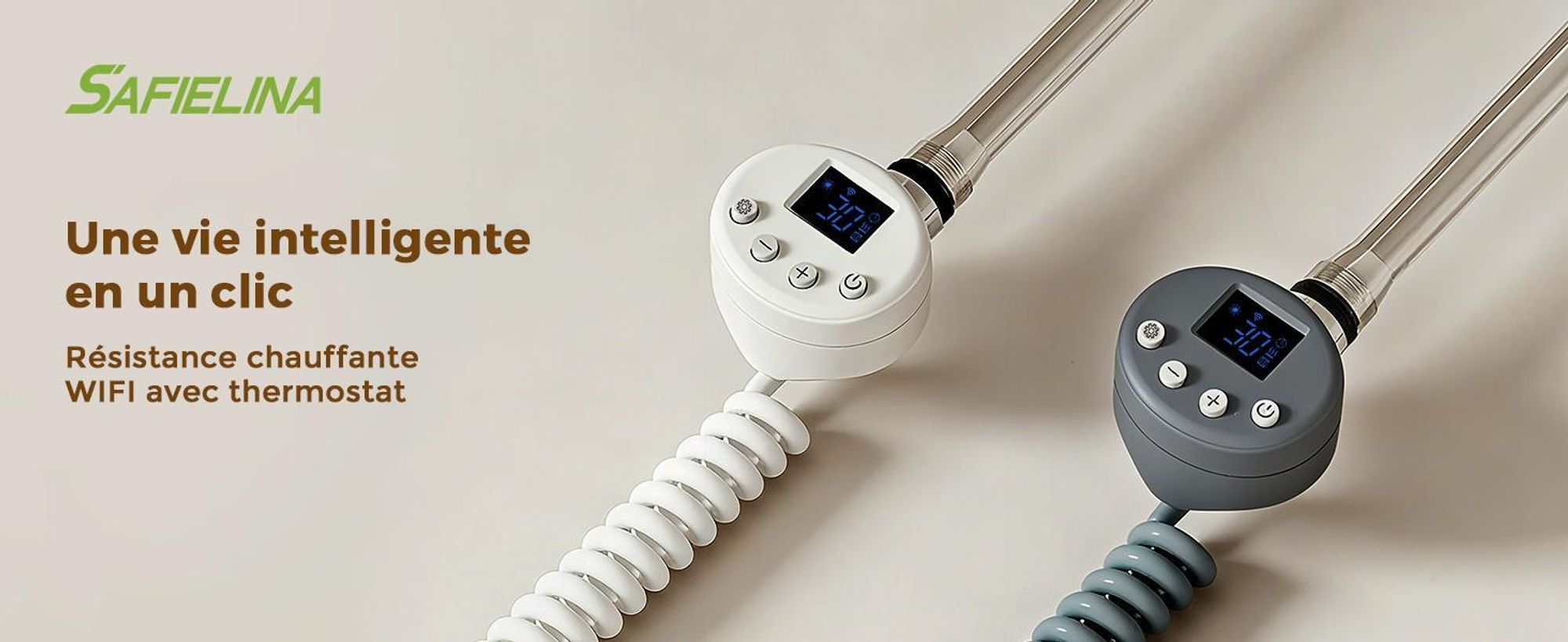 S'AFIELINA thermoplongeur avec thermostat 900W, minuterie programmable & affichage LCD, WiFi, pour radiateur de salle de bain, acier inoxydable, contrôle intelligent, anthracite