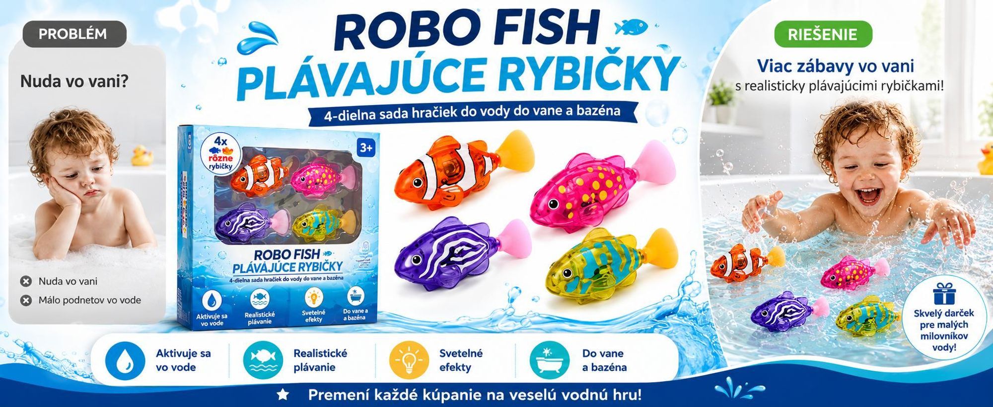 Sada 4 ks plávajúcich robotických rybiek s senzorom aktivovaným vodou, vodná hračka Robo Fish pre deti – FISHISWIM
