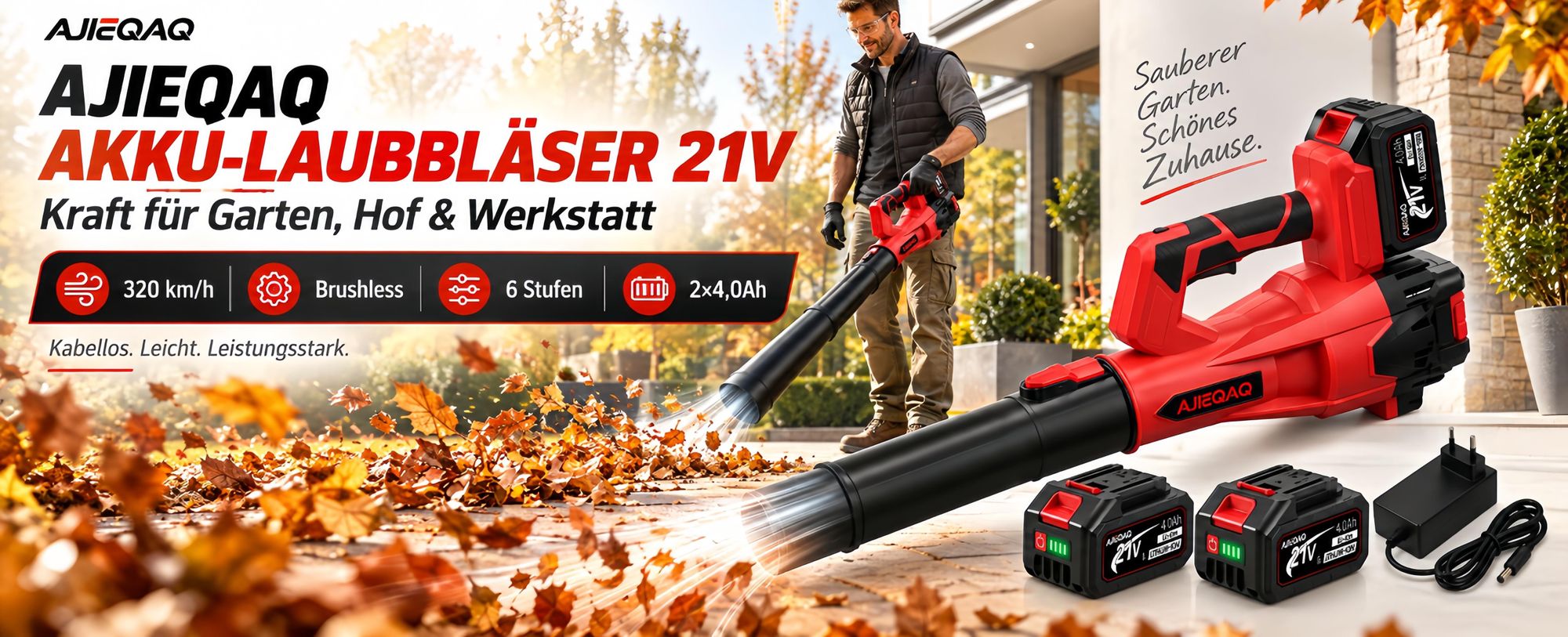 Akku-Laubbläser 21V Brushless, 2×4,0Ah Akkus, 320 km/h, 6 Stufen mit Turbo, 1000W, kabelloser Laubbläser mit 2 Rohren