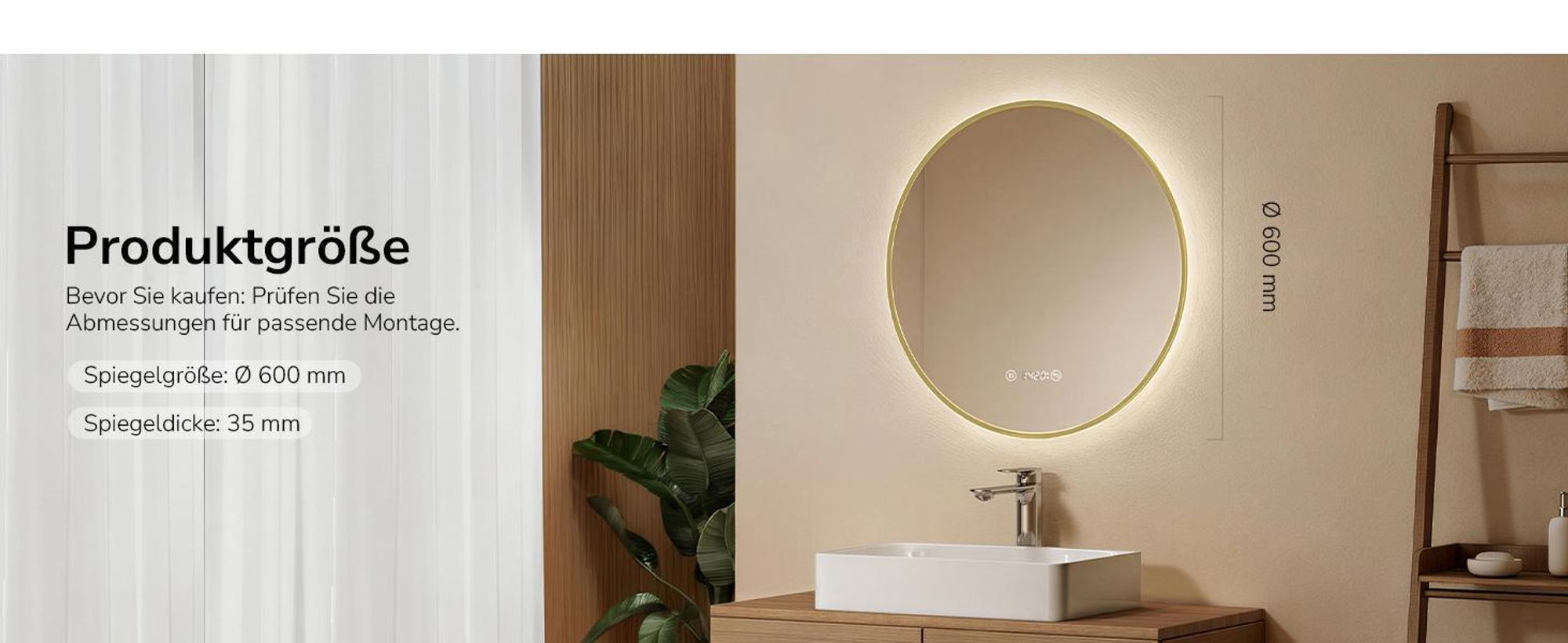 EMKE Badspiegel Rund LED Spiegel mit Beleuchtun ф80cm Gebürstetem Goldrahmen Rund Badezimmerspiegel mit Beschlagfrei, Uhr, Temperatur, Dimmbar, Memory-Funktion - Neutrale Lichts 4300K