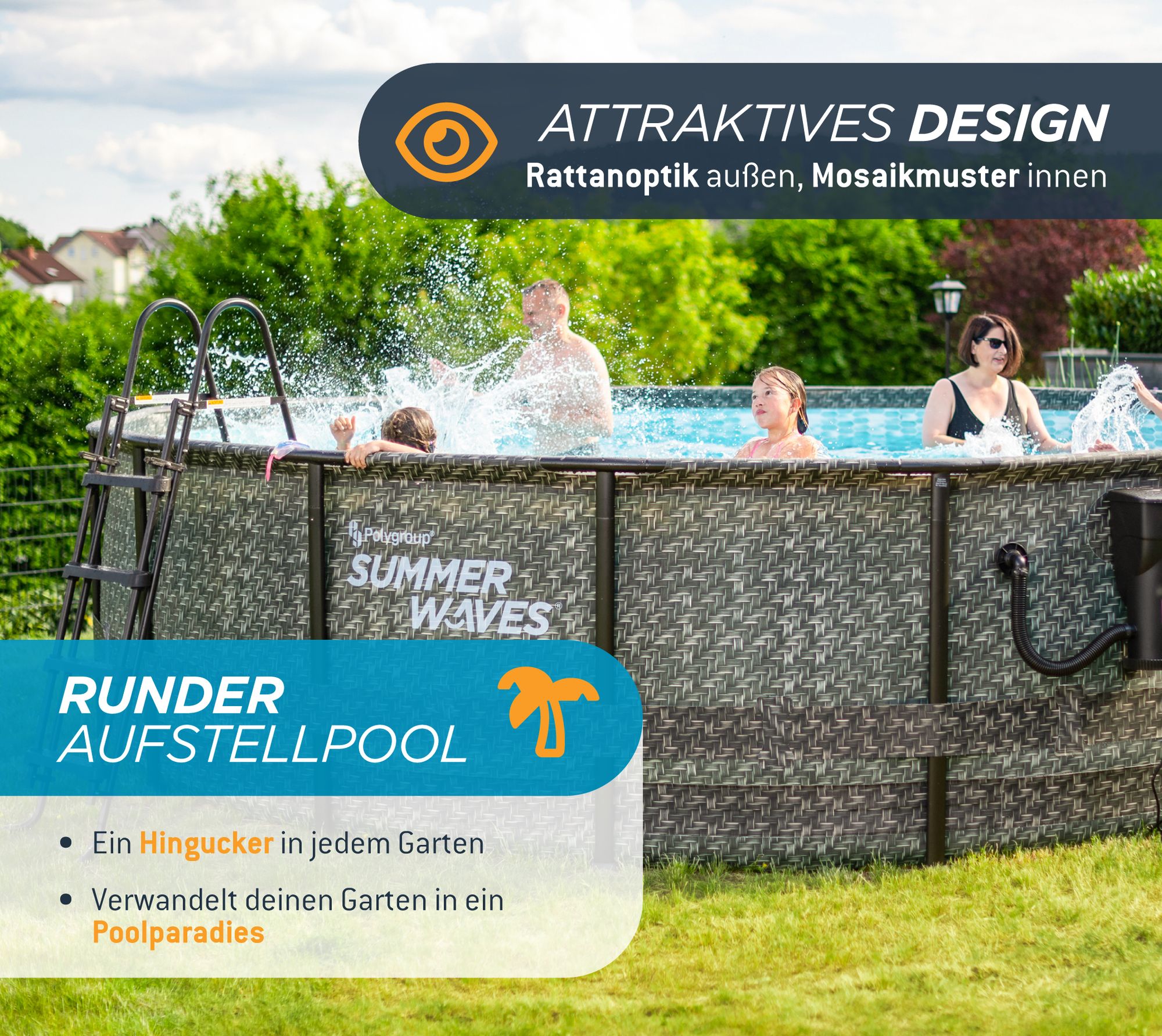 Summer Waves Elite Frame Pool Aufstellpool rund Komplettset Rattanoptik grau Ø 488x122 cm