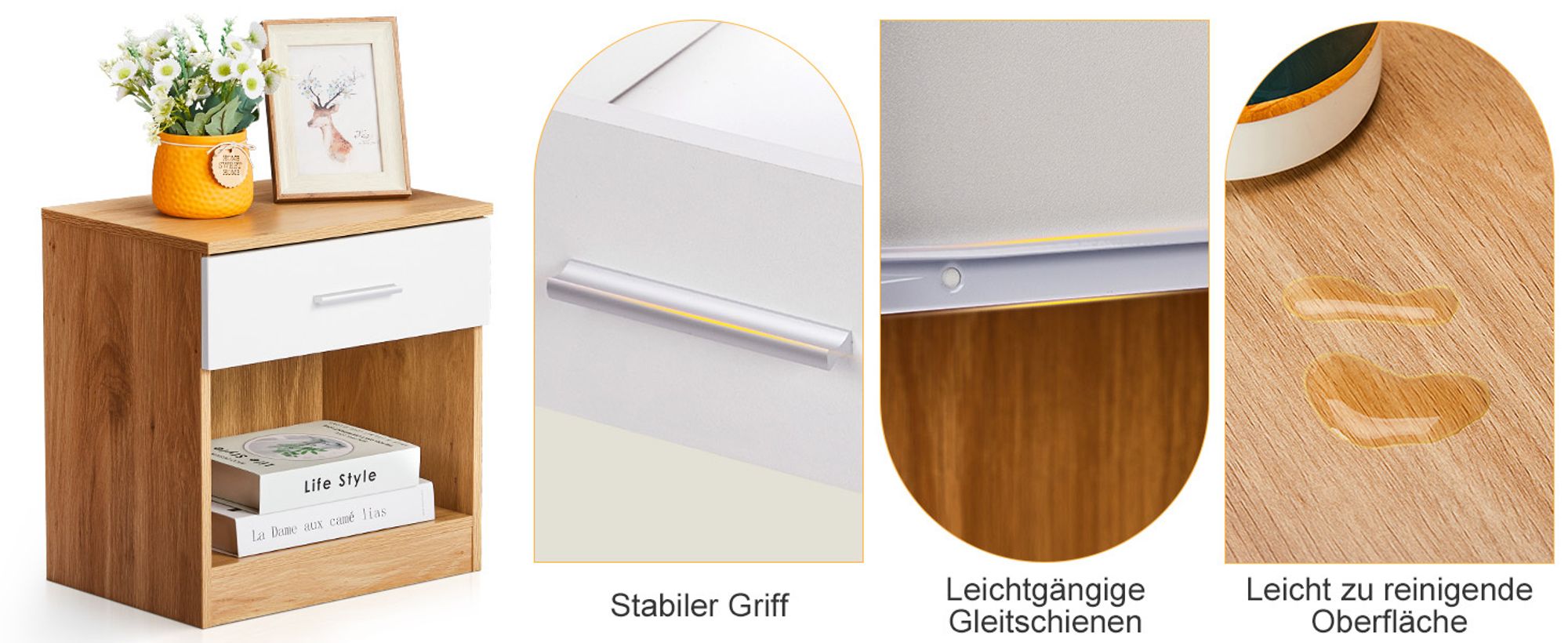 FCH Nachttisch,  mit Schubladen Beistelltisch Nachtschrank, 39 x 28 x 41 cm，Eiche & Weiß/Eiche, 2PCS