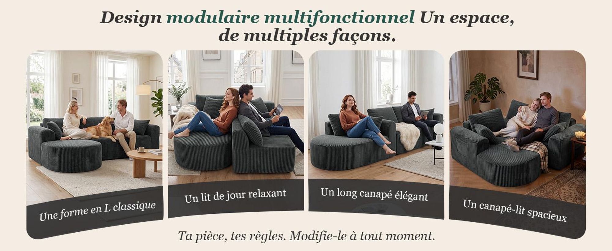 Canapé d'angle avec fonction convertible, canapé modulaire en velours sans structure visible, canapé avec chaise longue, canapé d'angle convertible, canapés modulaires avec coussins et poches latérales, 243 cm