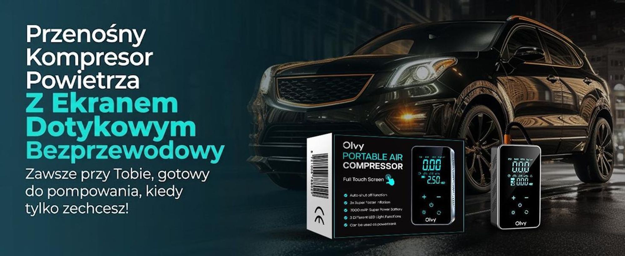 Olvy Kompresor powietrza, mini pompka do opon 7000 mAh, elektryczna pompka rowerowa Elektryczna pompka powietrza Mini kompresor samochodowy Powerbank do piłek rowerowych
