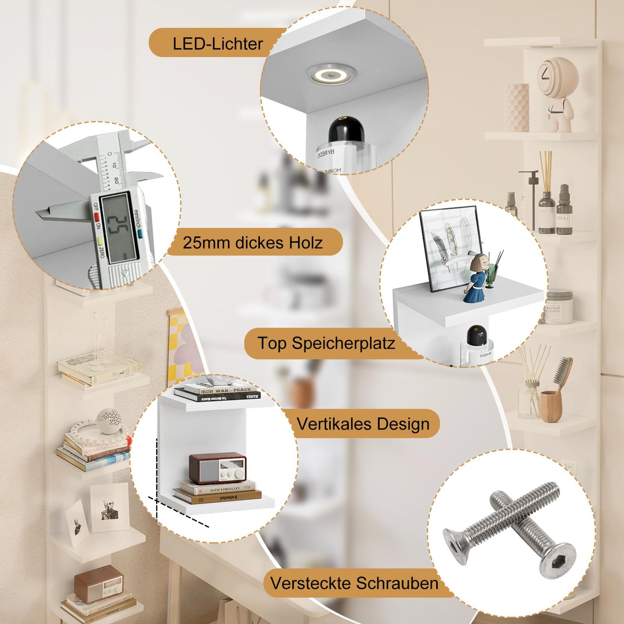TWSOUL Wandregal 7 Ebenen Wandregal mit integrierter LED-Beleuchtung Weiß,195CM*23.5CM*25CM