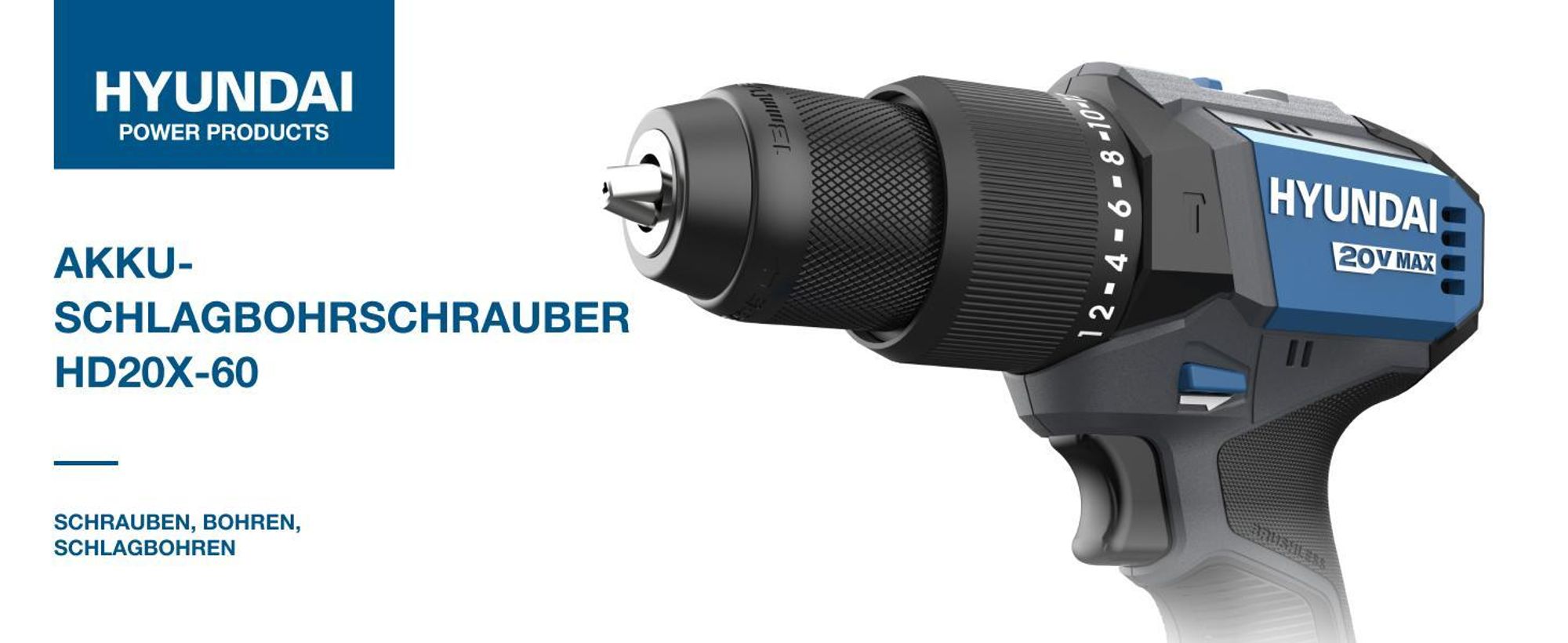 HYUNDAI Akku-Schlagbohrschrauber HD20X-60 (20V, bürstenloser Motor, 60 Nm, 1 x 2.0 Ah Akku, Ladegerät)