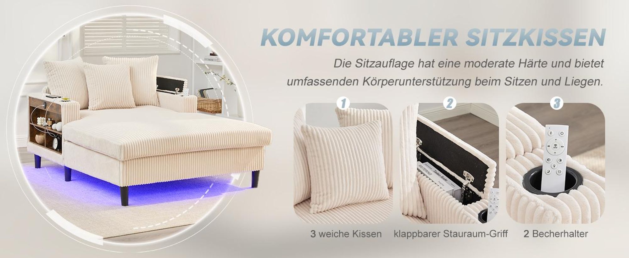 LVHOM Schlafsofa mit LED & USB, Chaiselongue mit Becherhalter & Stauraum, großes Einzelsofa bis 300kg belastbar, inkl. 3 Kissen, 129x170cm, Grün