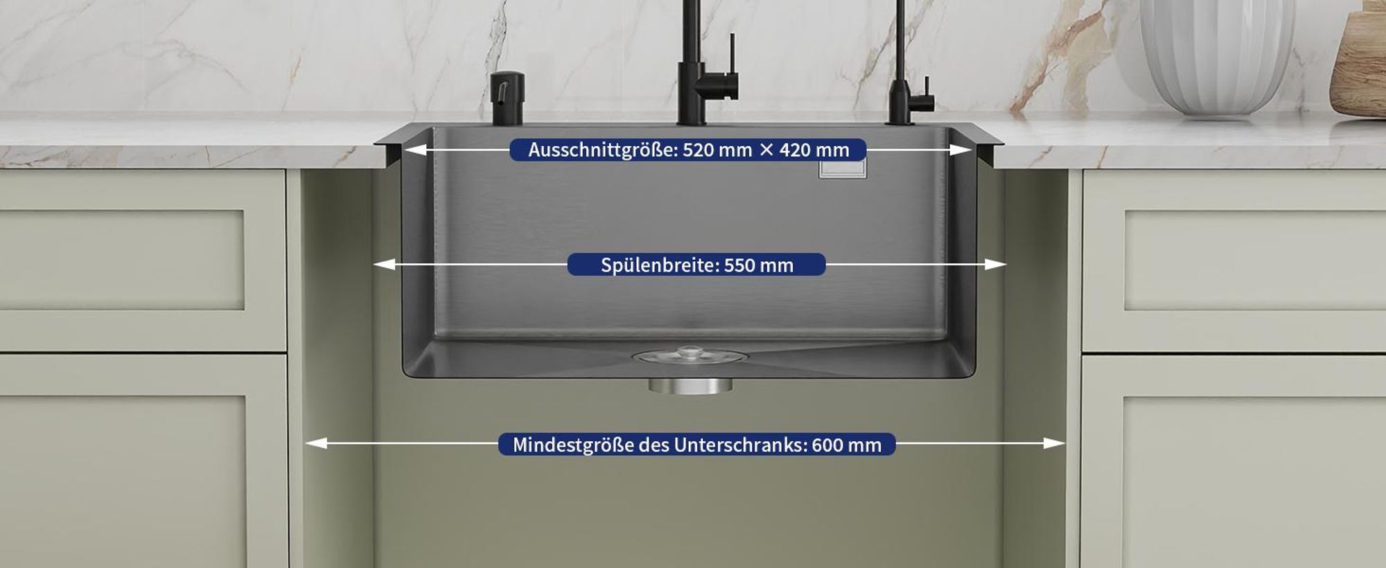 Spülbecken Schwarz 55×45 cm – Edelstahl Küchenspüle mit Pop-Up Abfluss, Armatur Set & komplettem Zubehör, Einbauspüle für Unterschränke ab 60 cm
