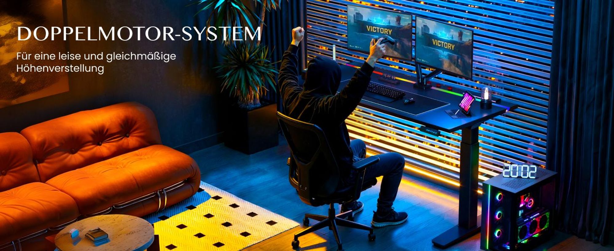 FLEXISPOT Gaming Schreibtisch Höhenverstellbar 120x70 cm, Dual-Motor, LED Beleuchtung, Kabelmanagement, 120KG Tragkraft, 5-Schicht Oberfläche, Schwarz