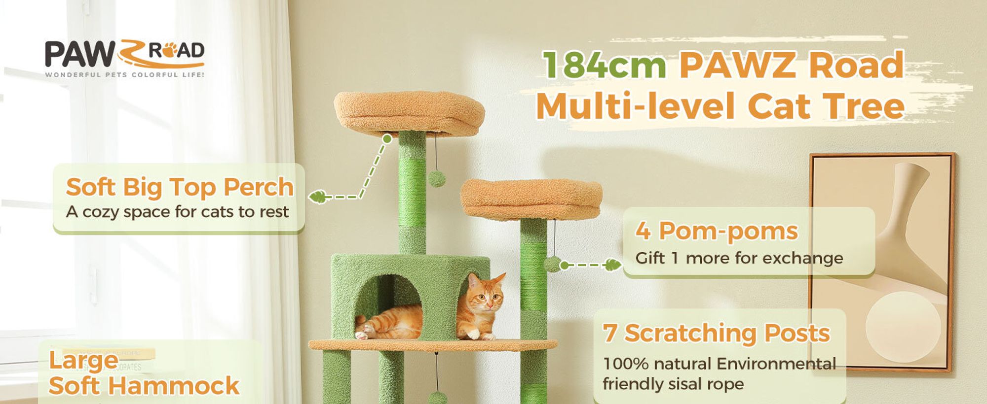 PAWZ Road Kratzbaum Grosse Katzen Stabil, 184 cm Kaktus kratzbaum