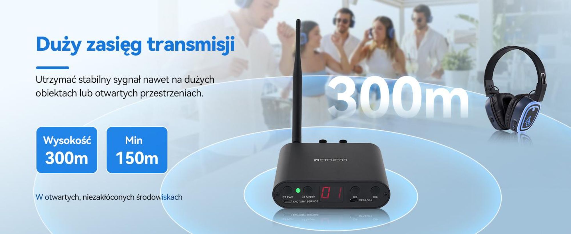 Retekess TA004S Silent Disco – bezprzewodowe słuchawki, ulepszona wersja systemu audio, 6 kanałów z Bluetooth, składane, do telewizora, jogi, medytacji