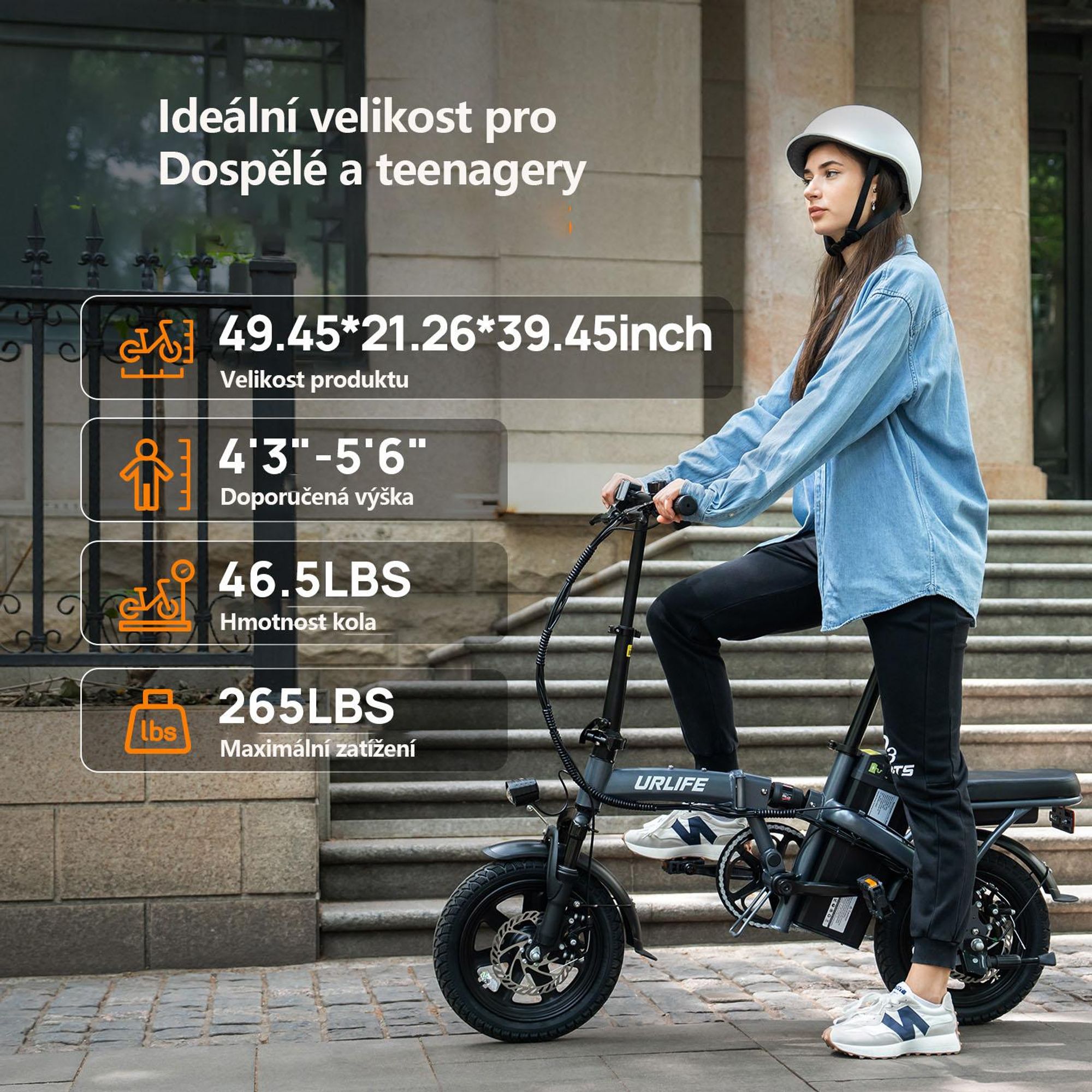 E-Bike URLIFE F1L - Motor 250W Baterie 48V 7.5Ah Pneumatiky  14 nohy Kotoučová Brzda - Černá