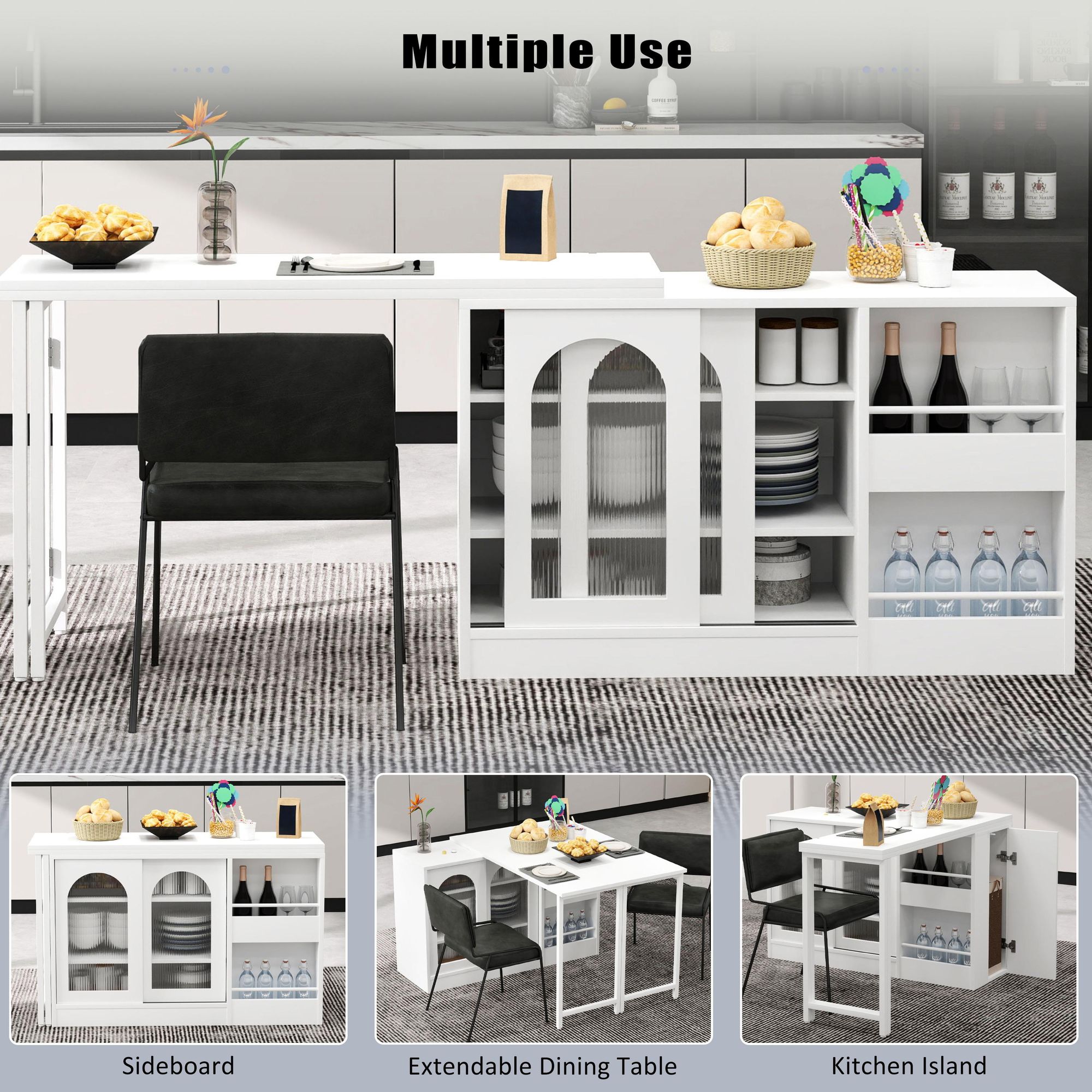 Flieks Esstisch ausziehbar, 360° drehbare Bartisch mit Stauraum, Küchentisch Kaffeebar mit Schrank, reversibel Tisch Sideboard, multifunktional, Weiß