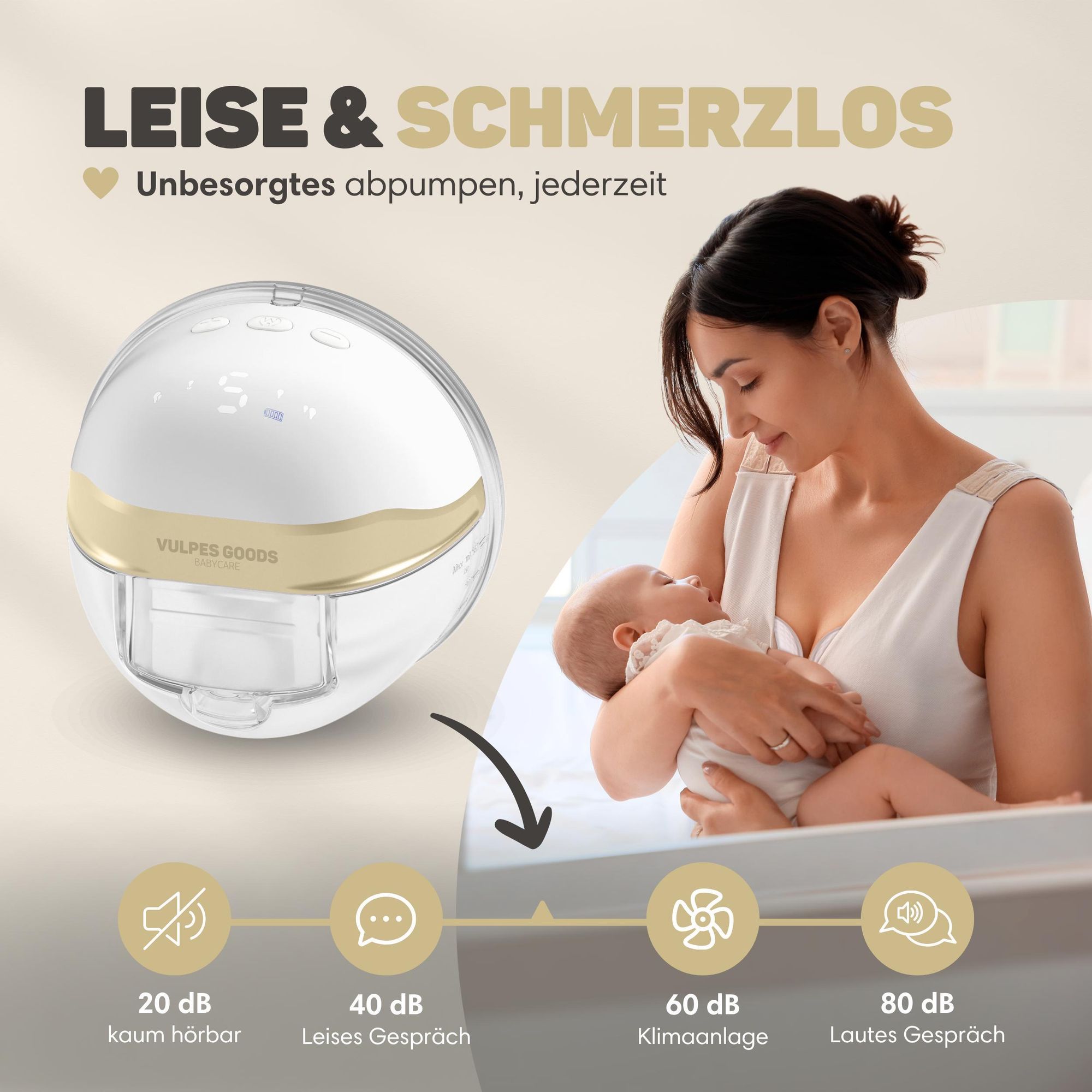 Vulpes Goods® Premium Elektrische Milchpumpe | Freihändige Milchpumpe und Auffangschalen für Muttermilch | Wiederaufladbare Milchpumpe mit Smartphone-