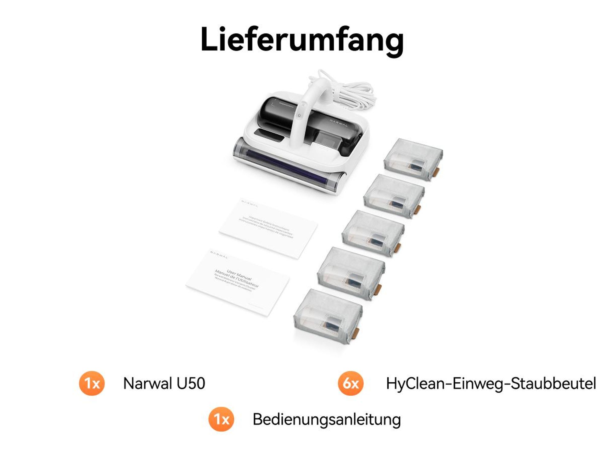 NARWAL U50 Matratzenstaubsauger, 15 kPa, 58 °C, 65.000 Schläge/min, 1,9 kg, UV-C, 4 m Kabel