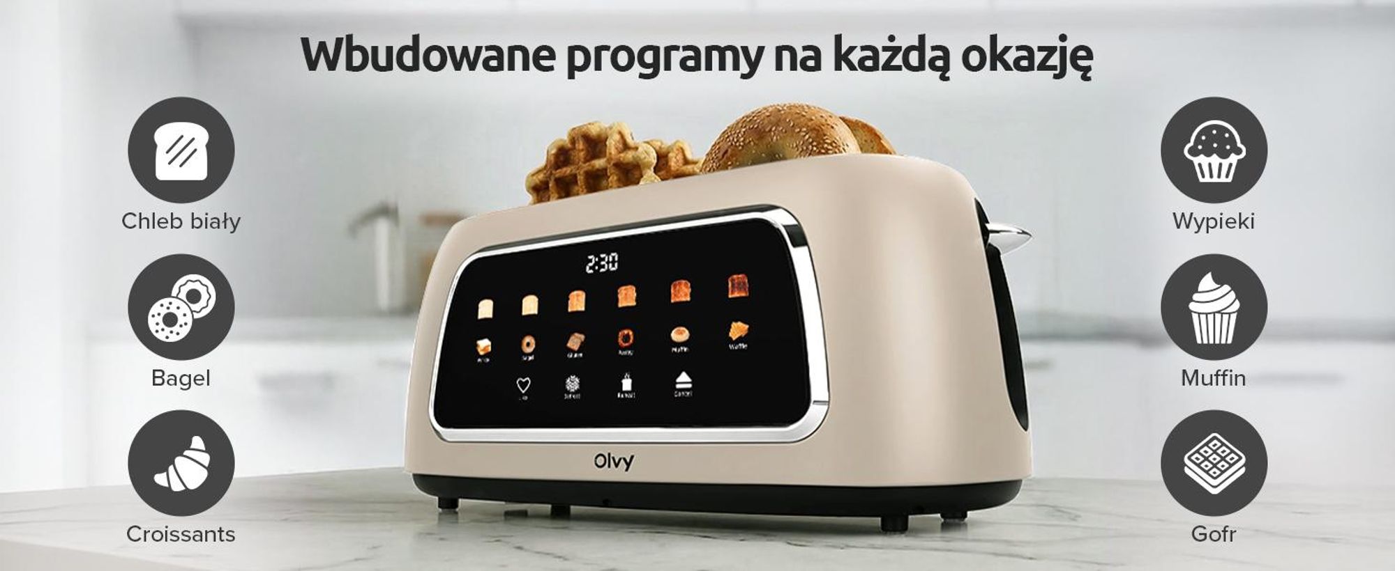 Toster Olvy na 4 kromki, długi otwór, wyświetlacz cyfrowy z timerem, 6 poziomów opiekania, szerokie szczeliny, funkcja rozmrażania i podgrzewania, 150