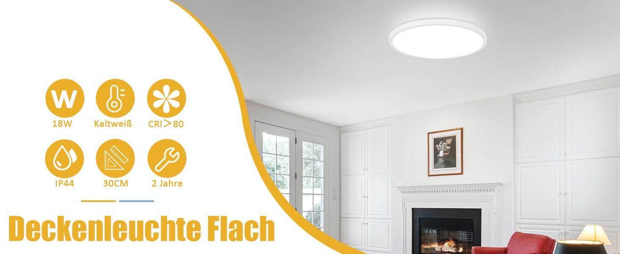 ZMH Deckenlampe LED Deckenleuchte 24W Flach Ø30cm Rund Schlafzimmerlampe Weiß Deckenbeleuchtung Flurlampe 3000K für Bad Küche Flur Schlafzimmer