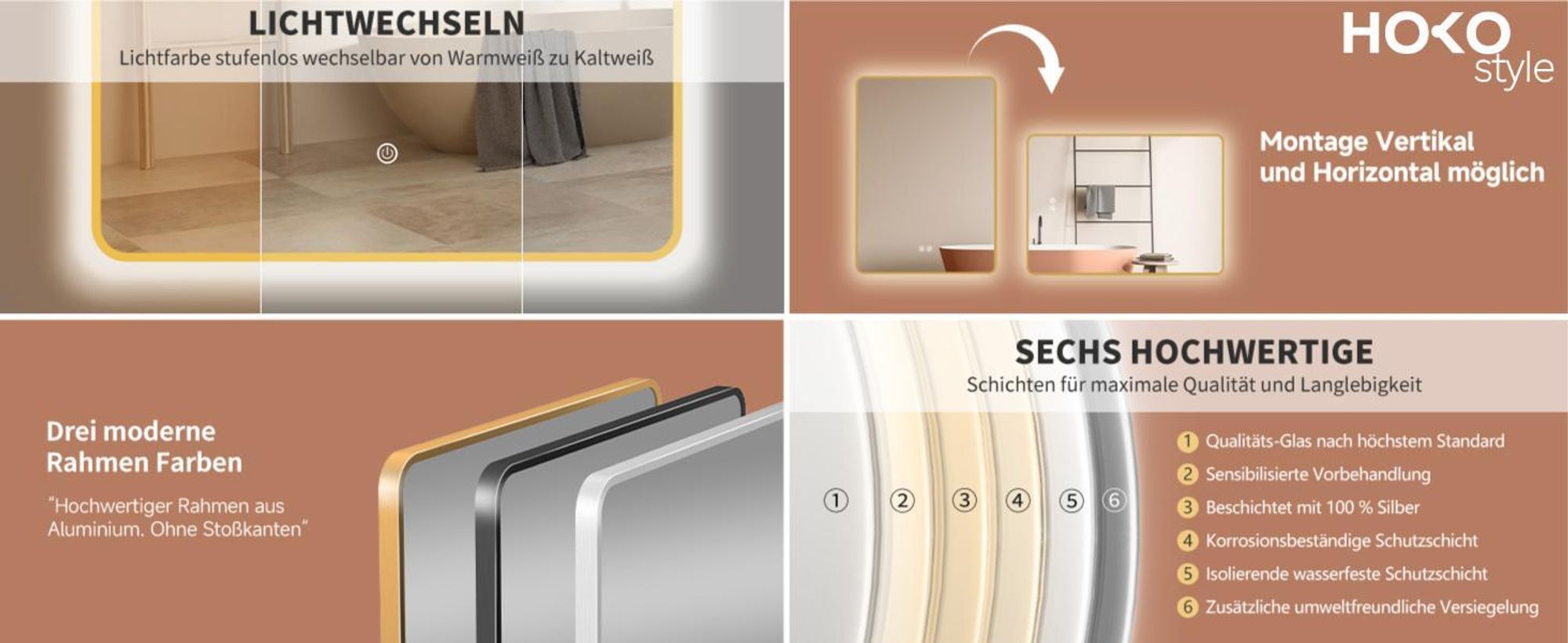 HOKO Badspiegel 70x100cm mit Rahmen+Touch Schalter+Licht Wechsel Warmweiß-Kaltweiß-Neutral. Licht mit Touch Schalter und mit Wandschalter einschaltbar