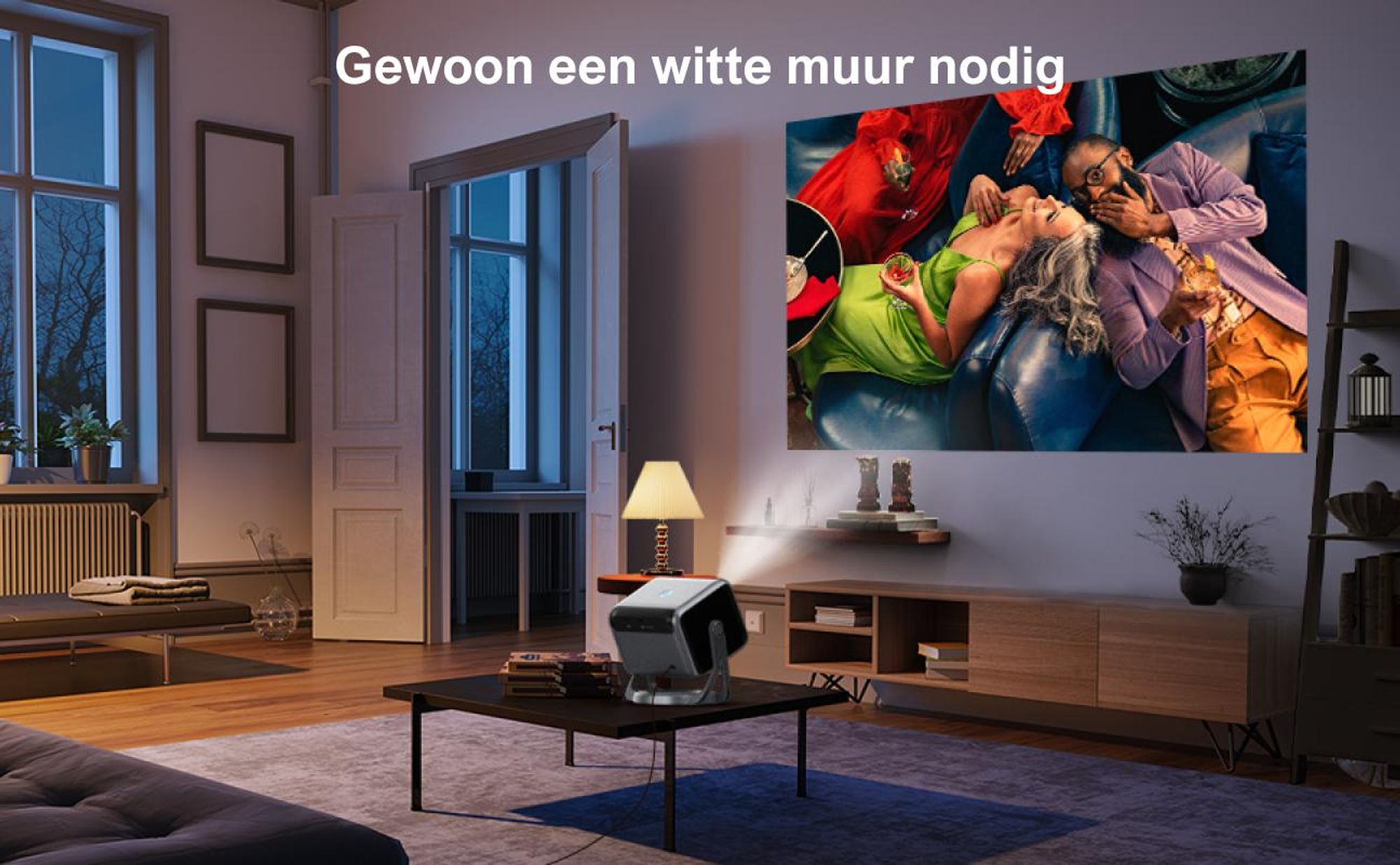 ULTIMEA Nova C40 beamer met 4K-decodering en Android TV 11.0. Beamer met een contrastratio van 1000:1, Dolby Audio, 600 ANSI lumen, HDR10 & HLG, en een 90° gimbal ontwerp zonder statief nodig