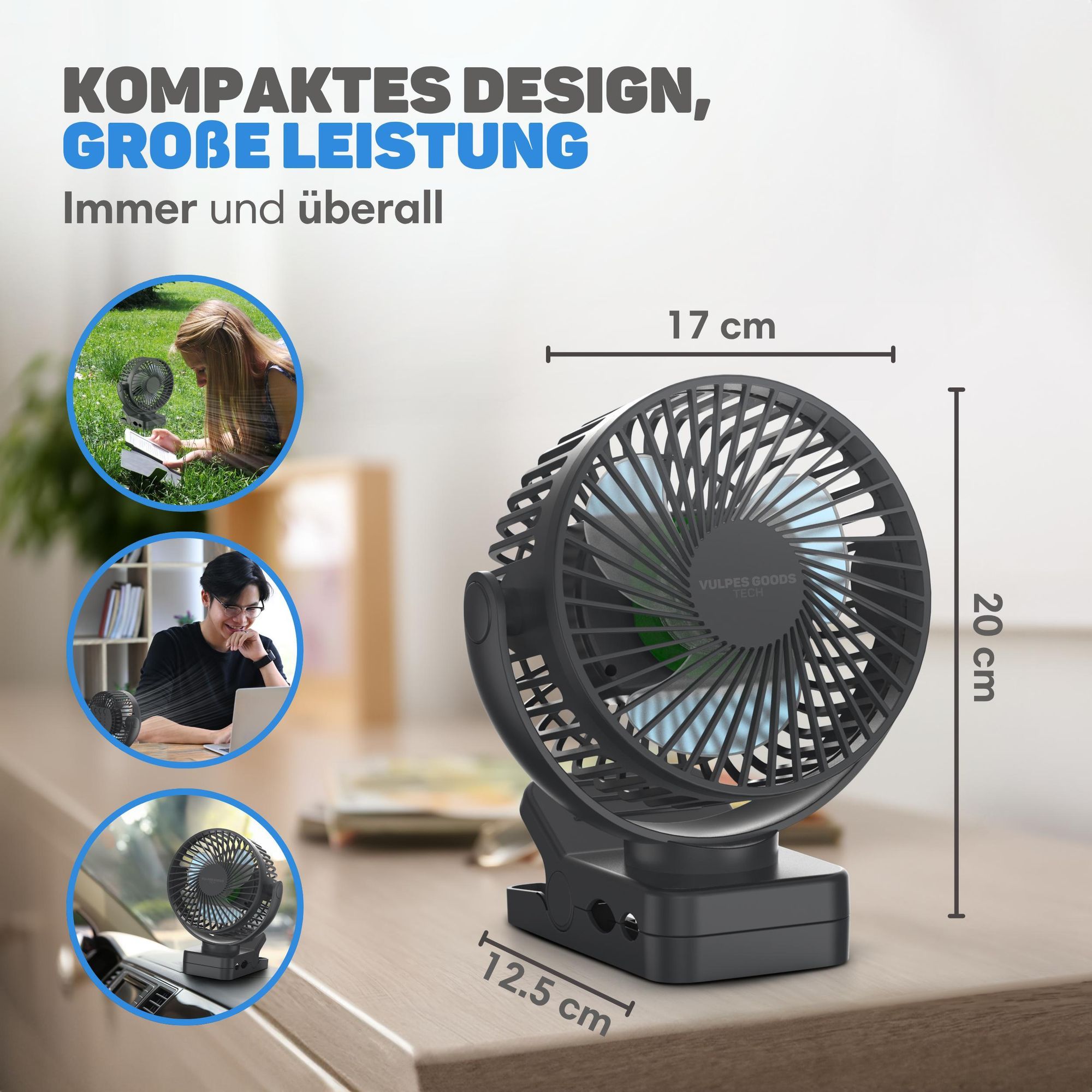 Vulpes Goods Mini Ventilator, Tischventilator, Handventilator, Wiederaufladbar, 3 Geschwindigkeiten, Verlichting, Powerbank-Funktion, 12000 mAh