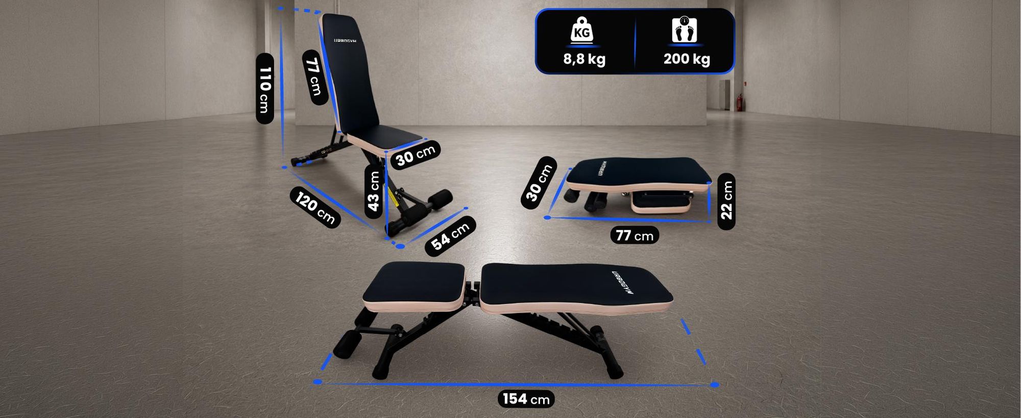 URBOGYM CQ-843 klappbare Hantelbank, Rückenlehne 8-fach, Sitz 4-fach verstellbar, bis 200 kg belastbar