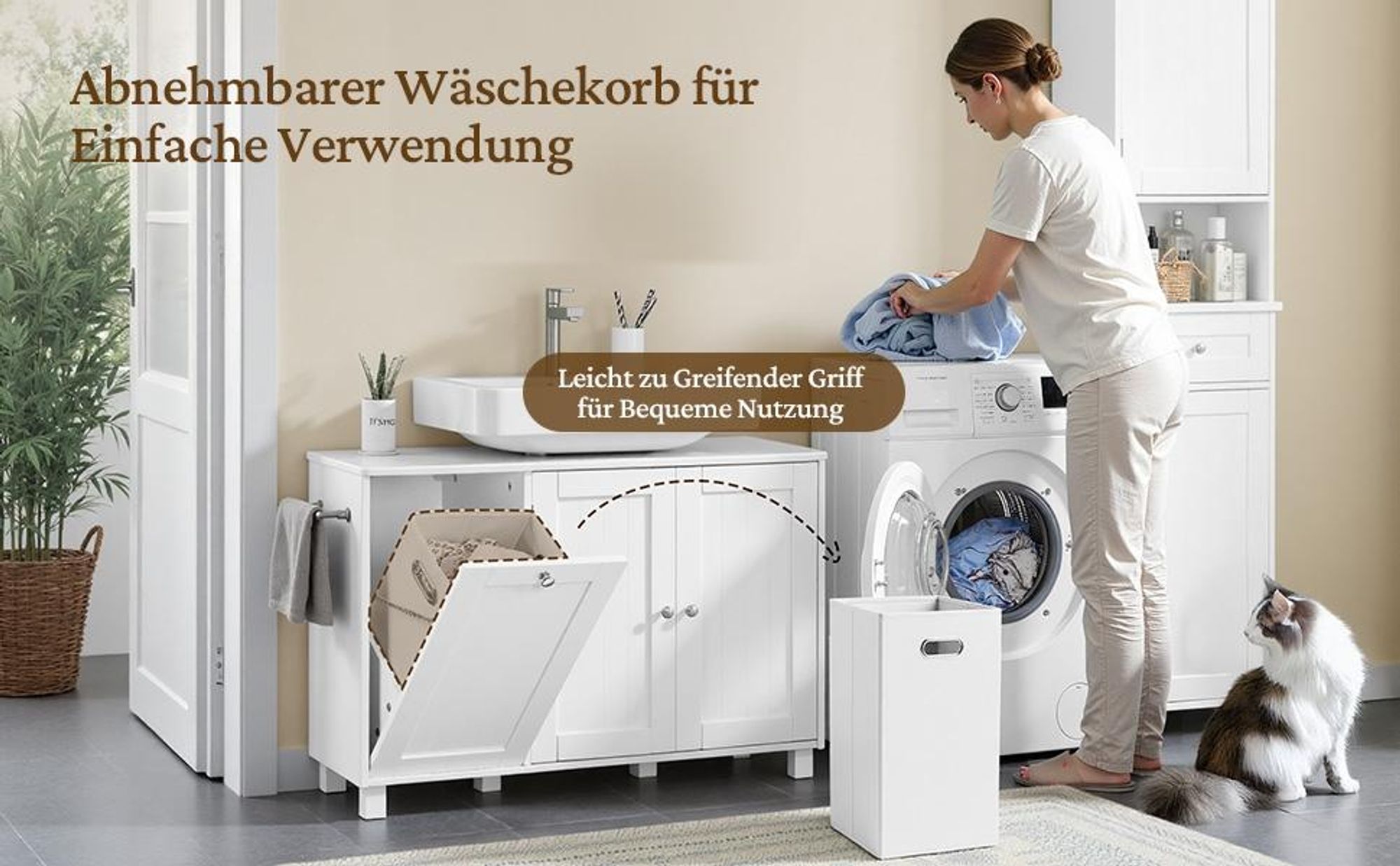 Yaheetech Waschbeckenunterschrank mit Wäschekorb, Badezimmerschrank, 3 Türen, Unterschrank für Bad, Weiß
