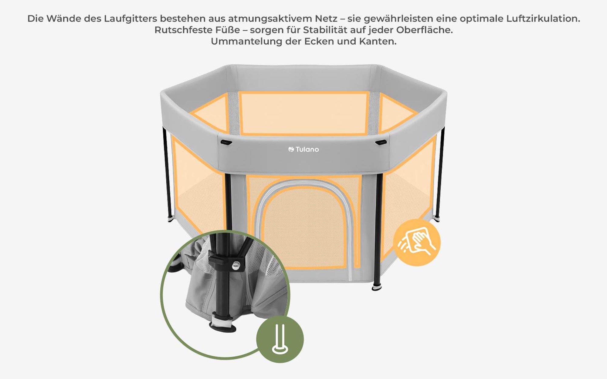 Tulano Cozy 30 faltbares Baby-Laufgitter – mit Reißverschluss, Tasche, rutschfest, für drinnen & draußen, belüftet, EN 12227, 6–36 Monate, hellgrau