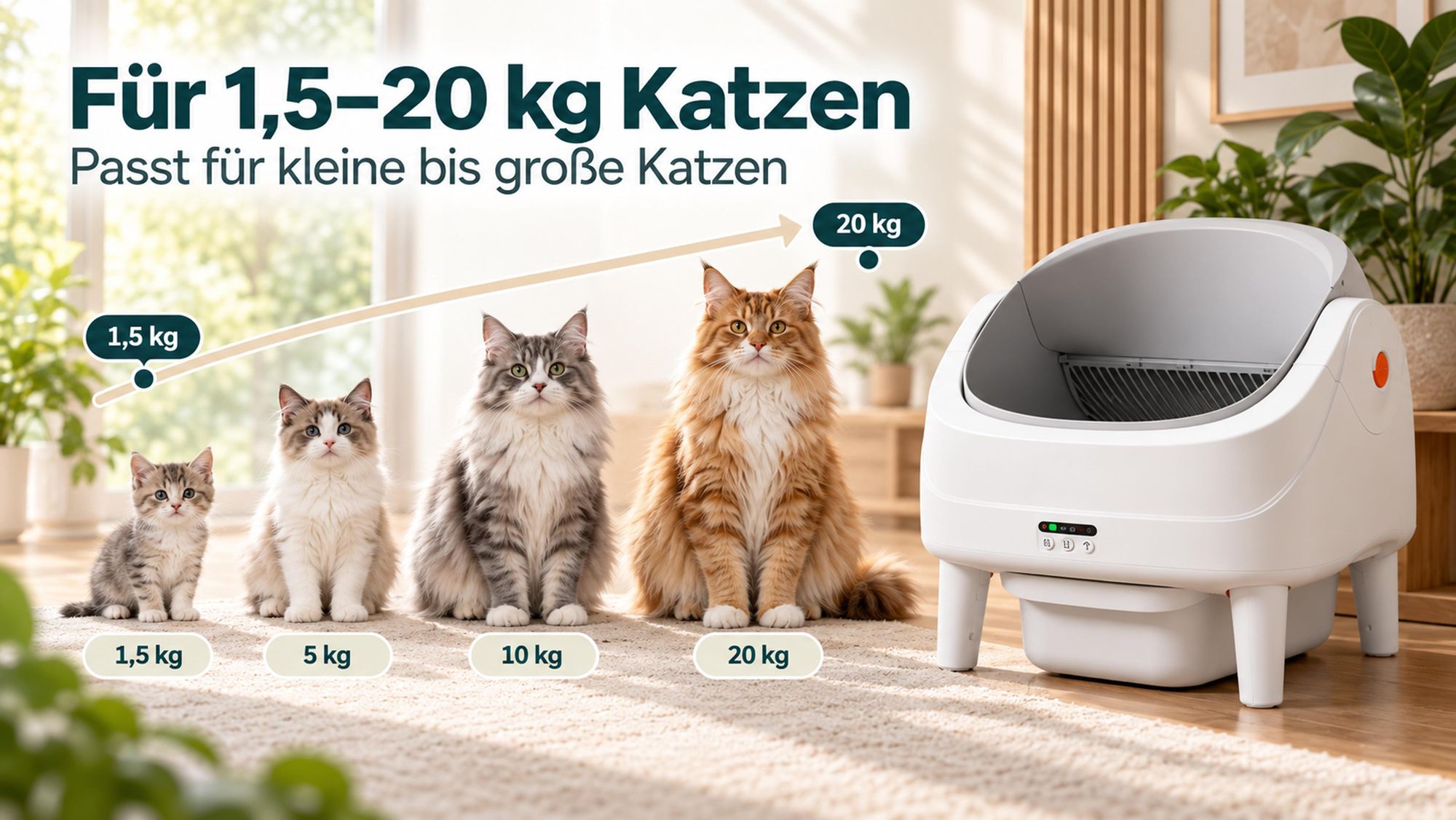 70L Selbstreinigende Katzentoilette, App & 8 Sensoren, Geruchskontrolle, leise, offen, für Mehrkatzen, 1,5-20kg, 14L Abfallbehälter