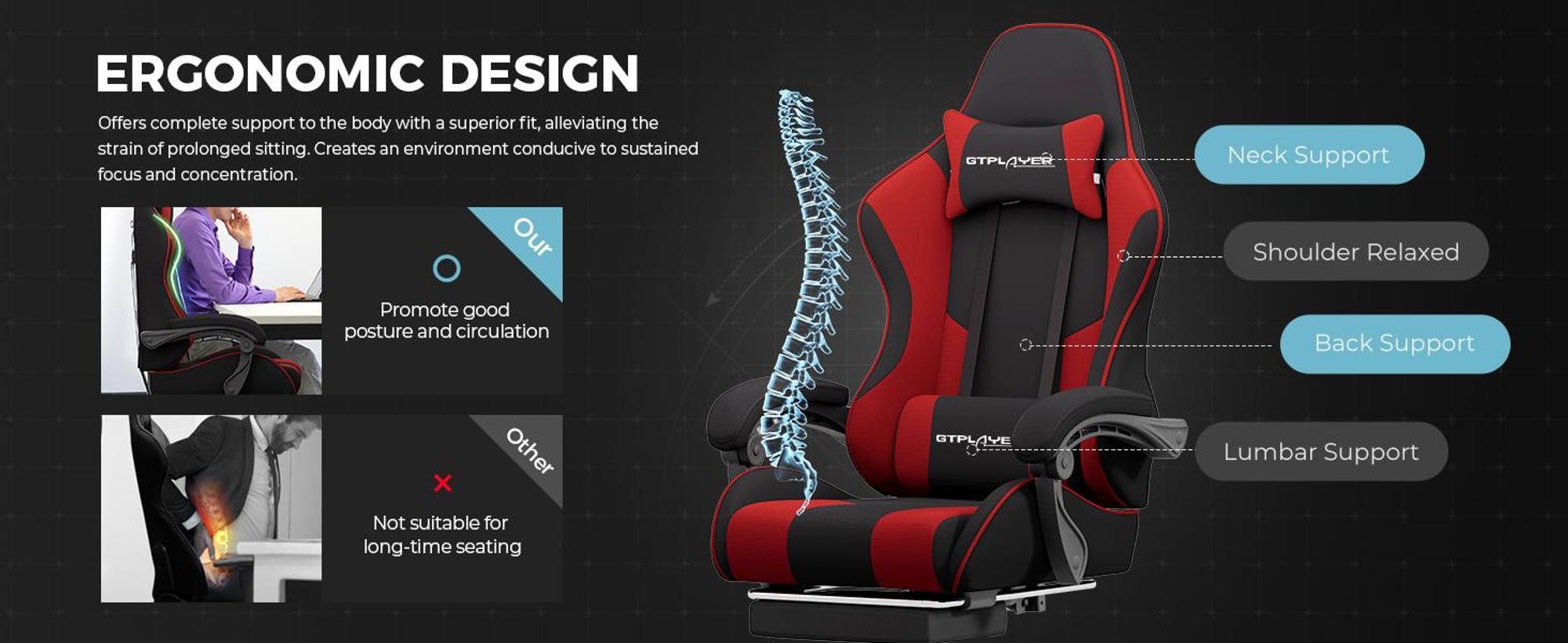 GTPLAYER Fotel biurowy Fotel do gier Fotel do gier z tkaniny Ergonomiczny fotel do gier z podnóżkiem, zagłówkiem i poduszką lędźwiową, wyściełany fotel do gier, CZERWONY
