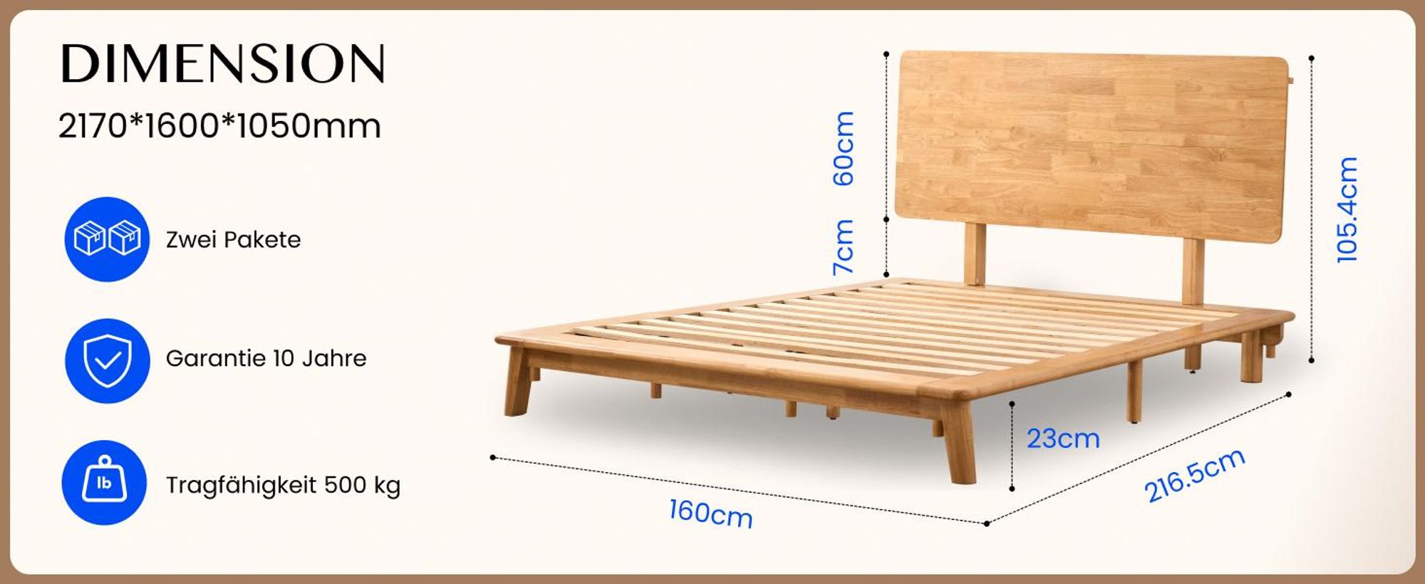 FLEXISPOT Massivholzbett 160x200 cm aus Gummibaumholz, Doppelbett mit Kopfteil, Bettgestell mit Lattenrost, modernes Japandi-Bett, bis 500 kg, Hako G1
