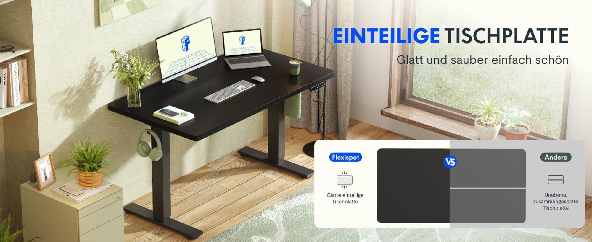 FLEXISPOT EN1 Höhenverstellbarer Schreibtisch 140x80cm 100 kg Tragkraft, mit Anti-Kollisionsschutz,  Einteilige Tischplatte 4 Memory-Funktion(Schwarz)