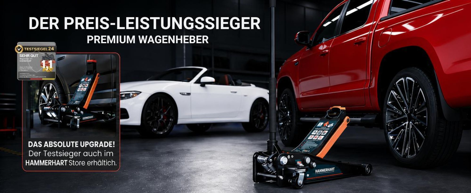 HAMMERHART - Hydraulischer Wagenheber 3T | [] Rangierwagenheber mit 75-460mm Hubhöhe | Premium Wagenheber flach 360° Rollen & Doppelkolben
