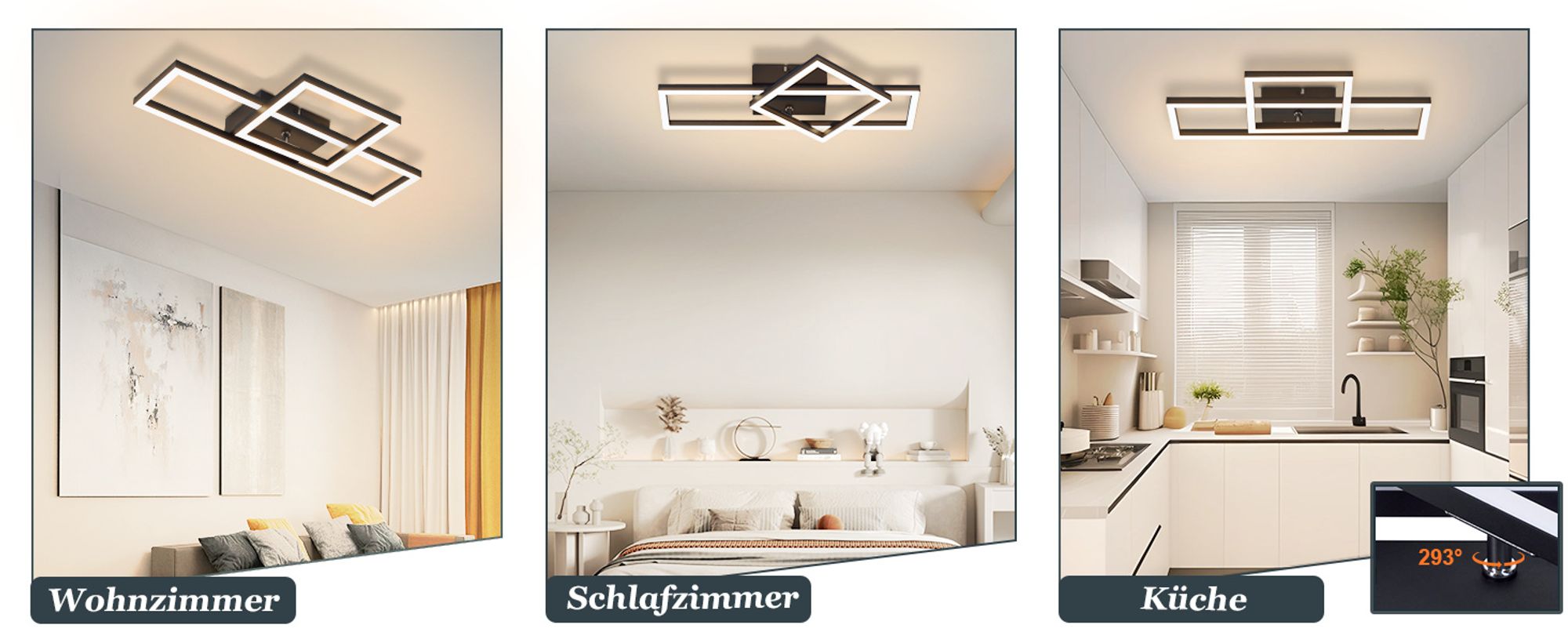 ZMH Deckenlampe LED Deckenleuchte 20W Wohnzimmerlampe Warmweiß Küchenlampe Modern Design Schwarz Schlafzimmer Lampe Eckig Deckenbeleuchtung